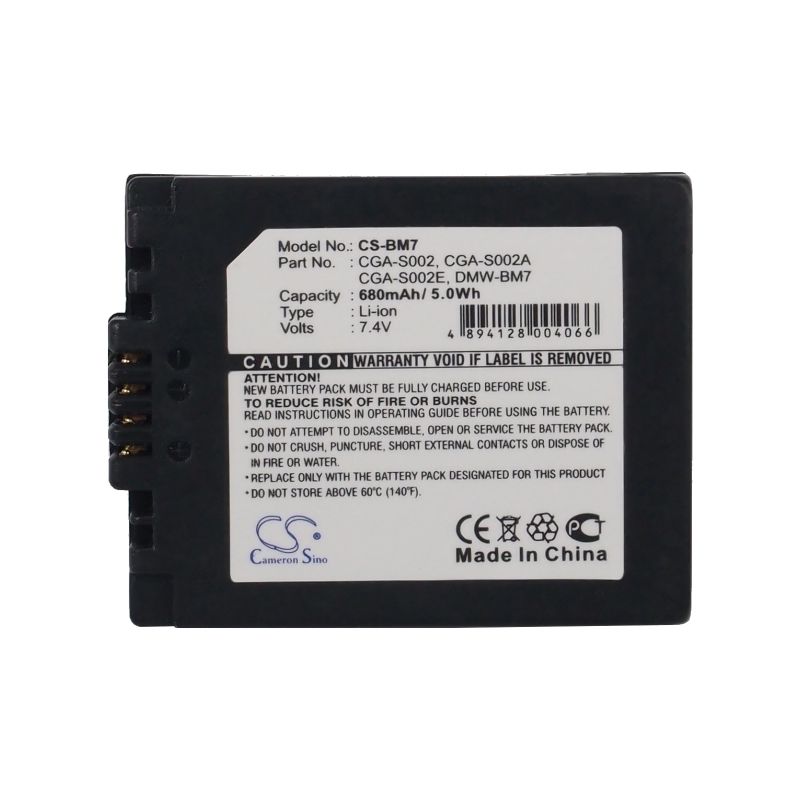 Li-ion Battery Fits Panasonic, Dmc-fz10, Dmc-fz10eb, Dmc-fz10eg-k 7.4v, 680mah Camera Cameron Sino Technology Limited