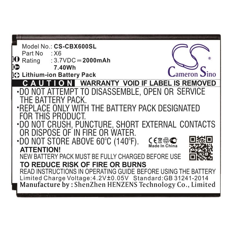 Li-ion Battery fits Cubot, x6 3.7V, 2000mAh Mobile & SmartPhone Cameron Sino Technology Limited