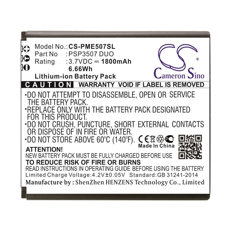 Li-ion Battery fits Prestigio, multiphone psp3507 duo, psp3507 duo 3.7V, 1800mAh Mobile & SmartPhone Cameron Sino Technology Limited