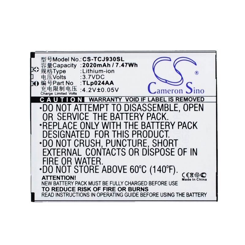 Li-ion Battery fits Tcl, j930, j930t, j936d 3.7V, 2020mAh Communications Cameron Sino Technology Limited (Suspended)