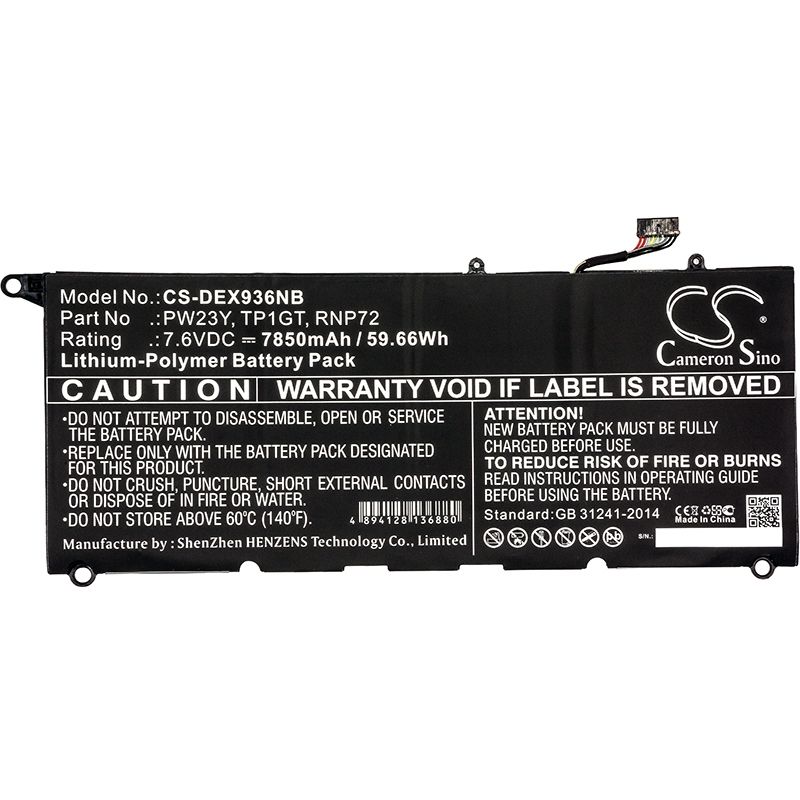 Li-polymer Battery Fits Dell, Xps 13 9360, Xps 13 9360-d1605g 7.6v, 7850mah Notebook & Laptop Cameron Sino Technology Limited