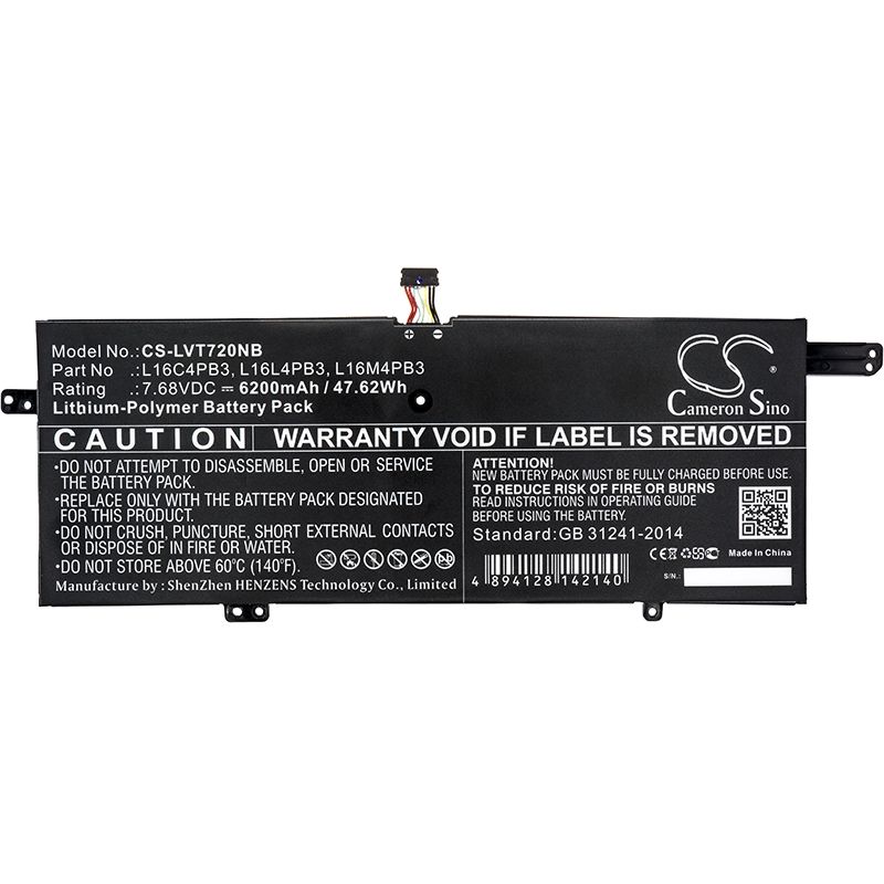 Li-Polymer Battery fits Lenovo, ideapad 720s, ideapad 720s-13, ideapad 720s-13arr 7.68V, 6200mAh Notebook & Laptop Cameron Sino Technology Limited