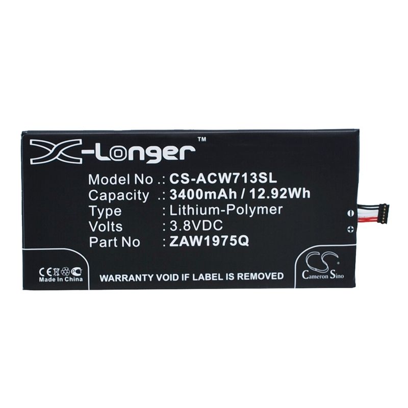 Li-Polymer Battery fits Acer, A1-713, A1-713hd, Iconia Tab 7 3.8V, 3400mAh Tablet Cameron Sino Technology Limited
