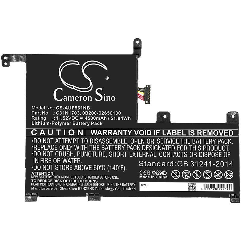 Li-Polymer Battery fits Asus, Q505ua, Q505ua-bi5t7 11.52V, 4500mAh Notebook & Laptop Cameron Sino Technology Limited