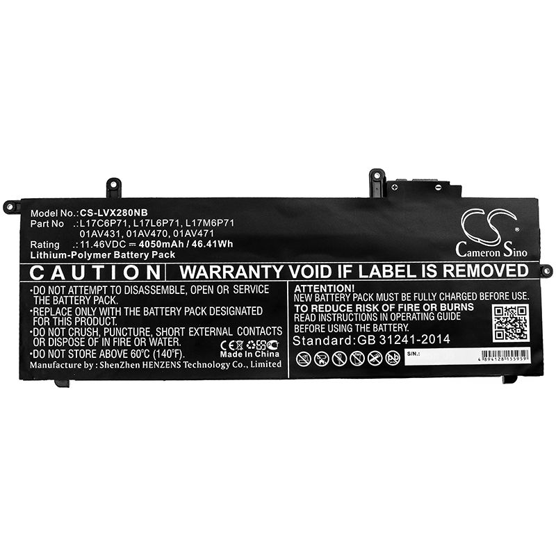 Li-Polymer Battery fits Lenovo, Thinkpad X280, Thinkpad X280 Ahk 11.46V, 4050mAh Notebook & Laptop Cameron Sino Technology Limited
