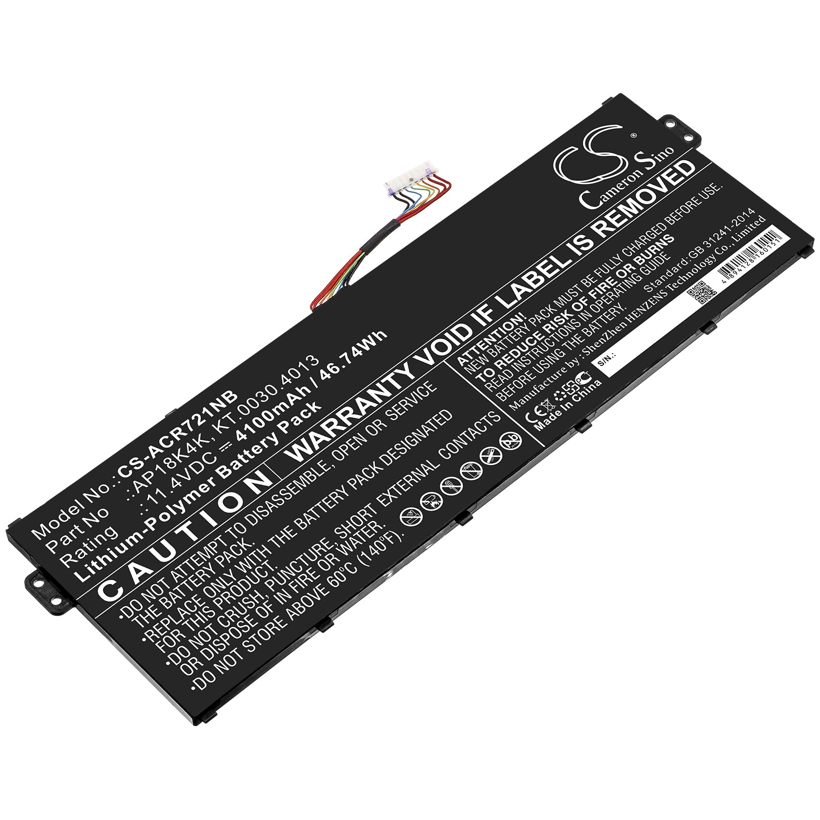 Li-Polymer Battery fits Acer, Ap18k4k, Kt.0030.4013 11.4V, 4100mAh Notebook & Laptop Cameron Sino Technology Limited