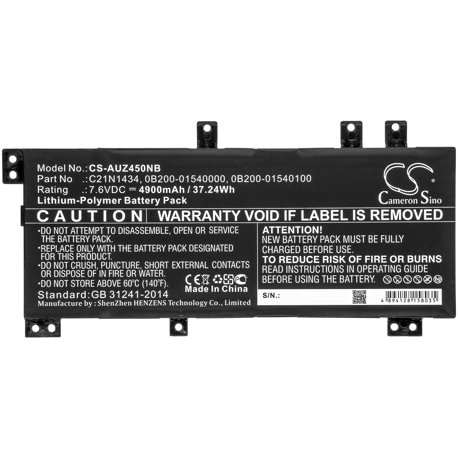 Li-Polymer Battery fits Asus, 0b200-01540000, 0b200-01540100, C21n1434 7.6V, 4900mAh Notebook & Laptop Cameron Sino Technology Limited