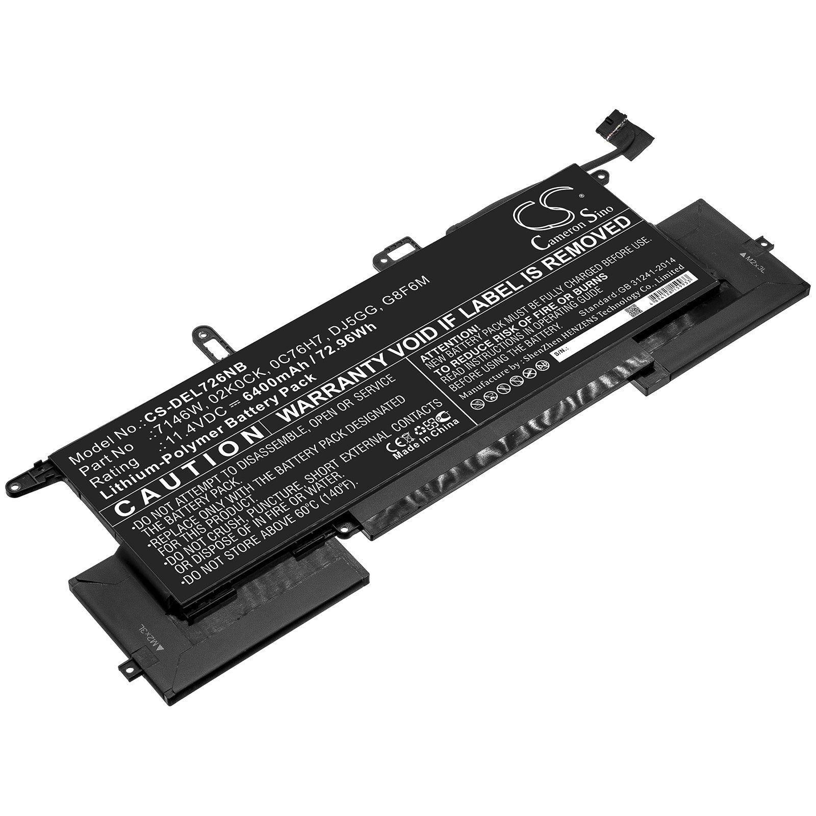 Li-Polymer Battery fits Dell, 02k0ck, 0c76h7, 7146w, Dj5gg, G8f6m 11.4V, 6400mAh Notebook & Laptop Cameron Sino Technology Limited