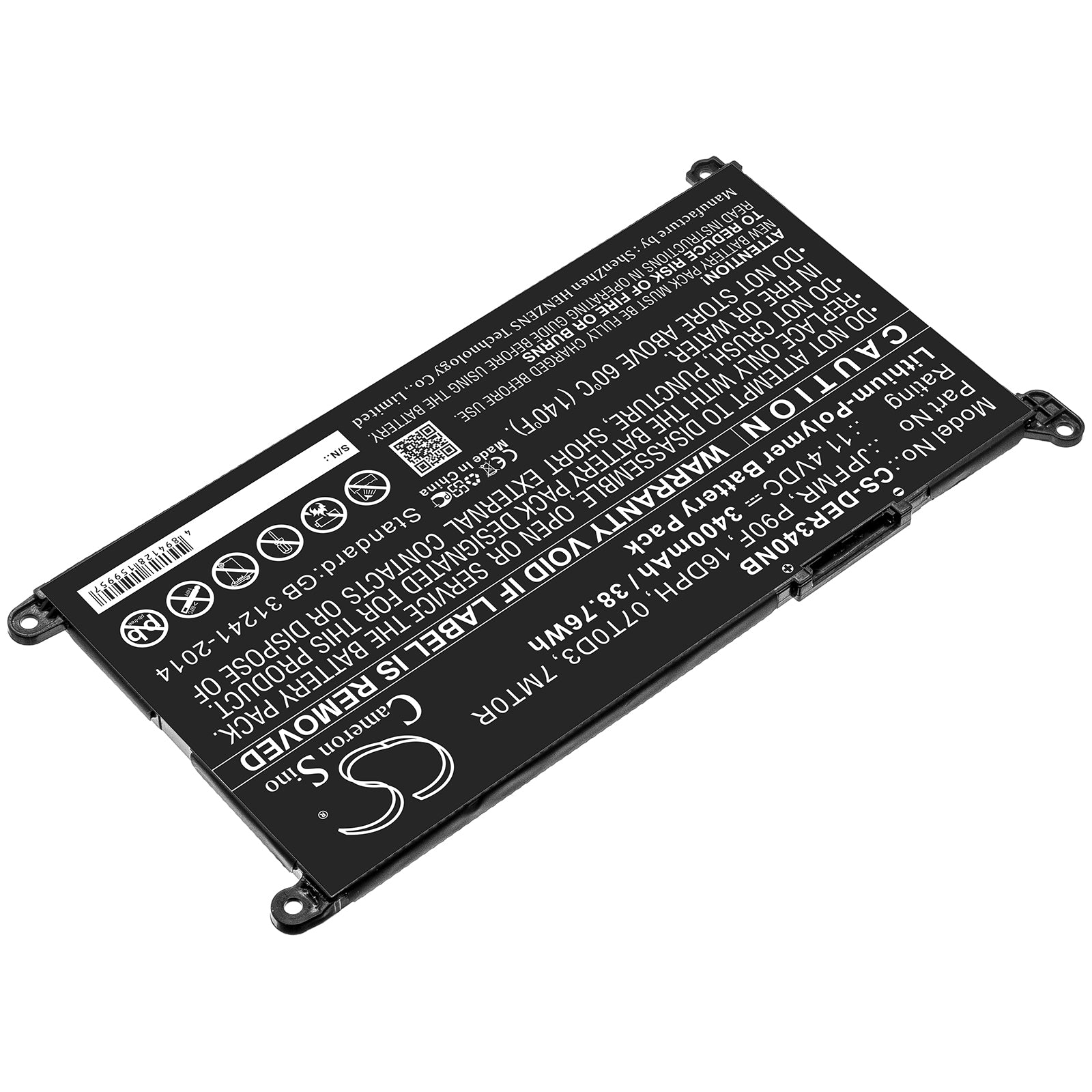 Li-Polymer Battery fits Dell, 07t0d3, 16dph, 7mt0r, Jpfmr, P90f 11.4V, 3400mAh Notebook & Laptop Cameron Sino Technology Limited