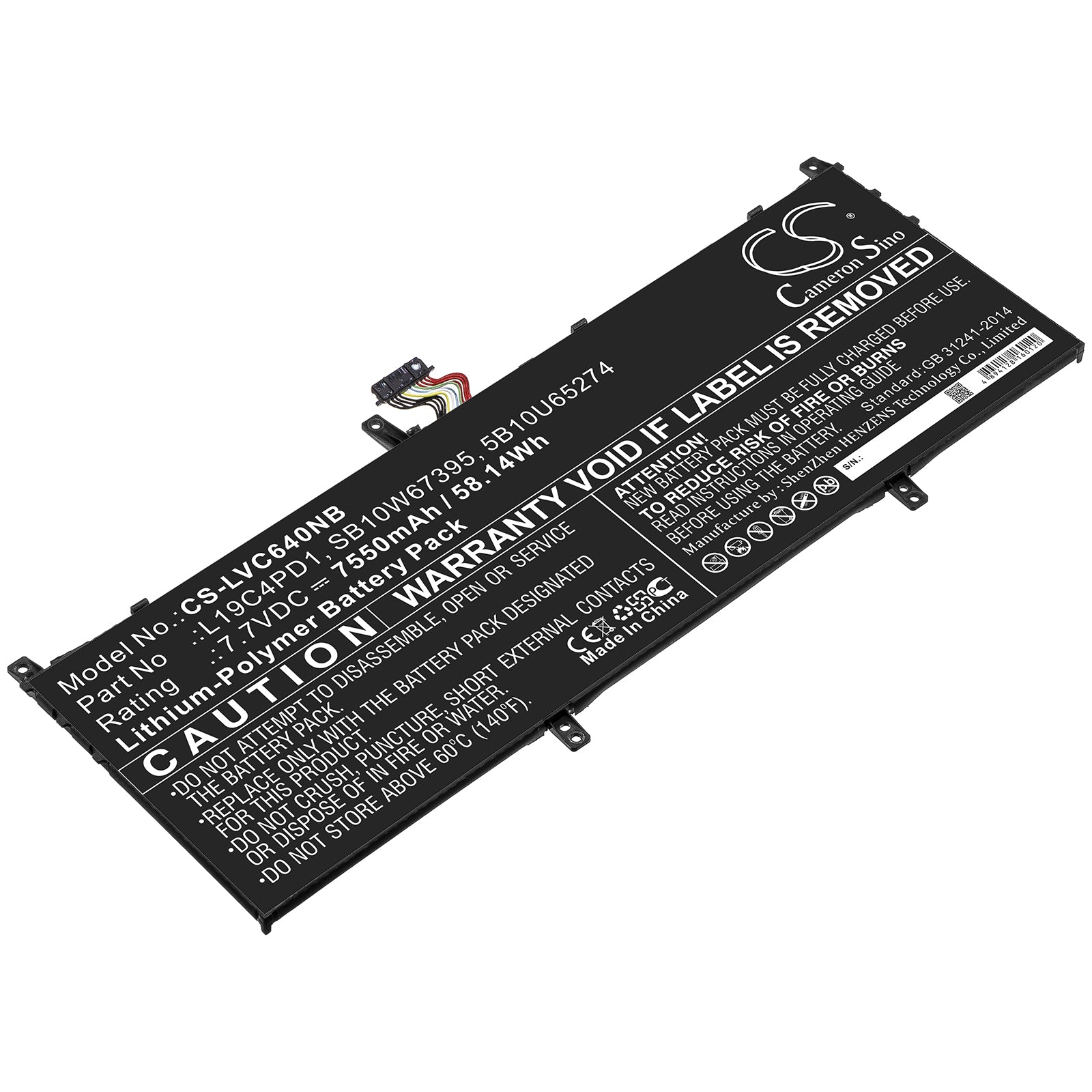 Li-Polymer Battery fits Lenovo, 5b10u65274, 5b10u65275, L19c4pd1, L19d4pd1, Sb10w67395 7.7V, 7550mAh Notebook & Laptop Cameron Sino Technology Limited