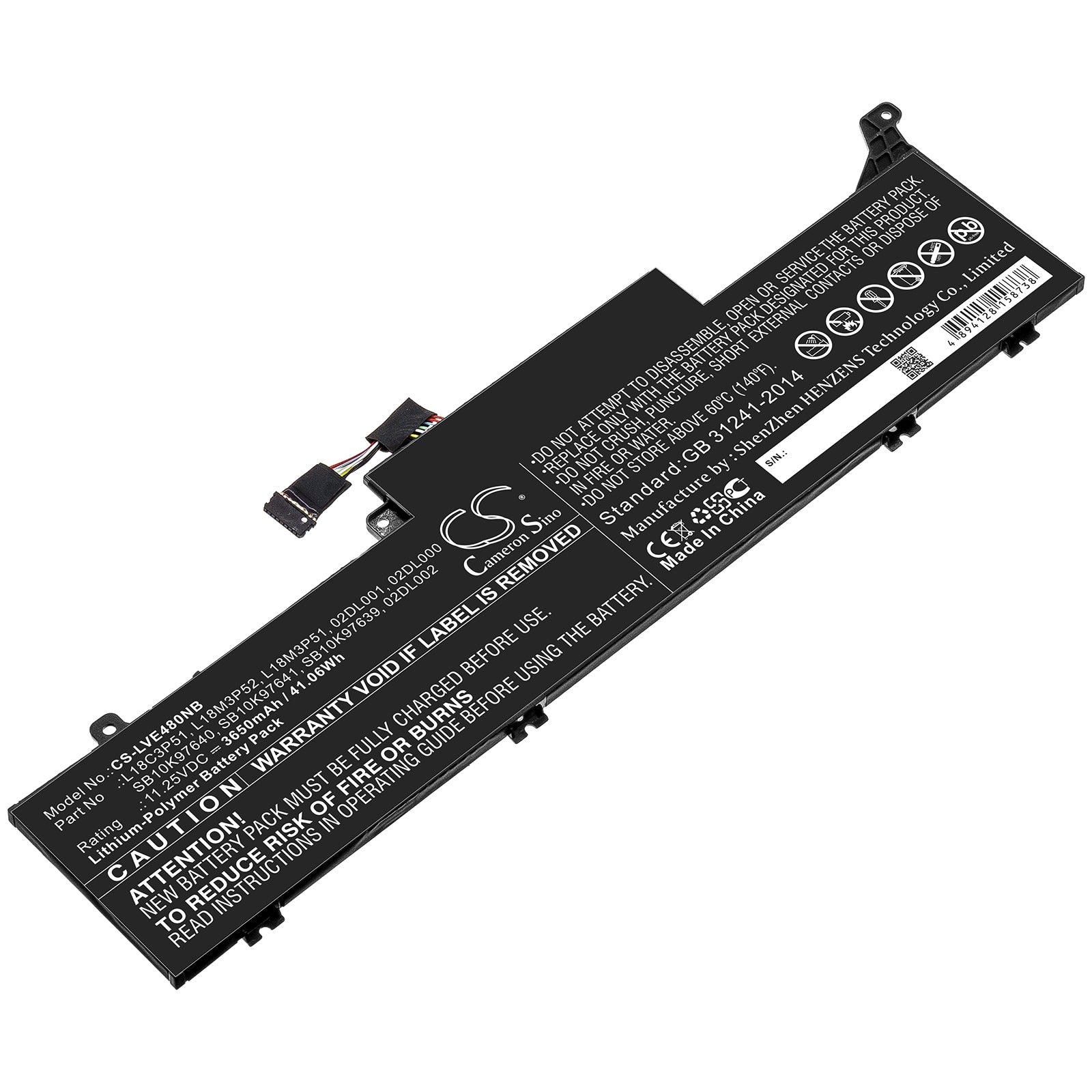 Li-Polymer Battery fits Lenovo, 02dl000, 02dl001, 02dl002, L18c3p51, L18m3p51, L18m3p52, Sb10k97639, Sb10k97640, Sb10k97641 11.2 Notebook & Laptop Cameron Sino Technology Limited