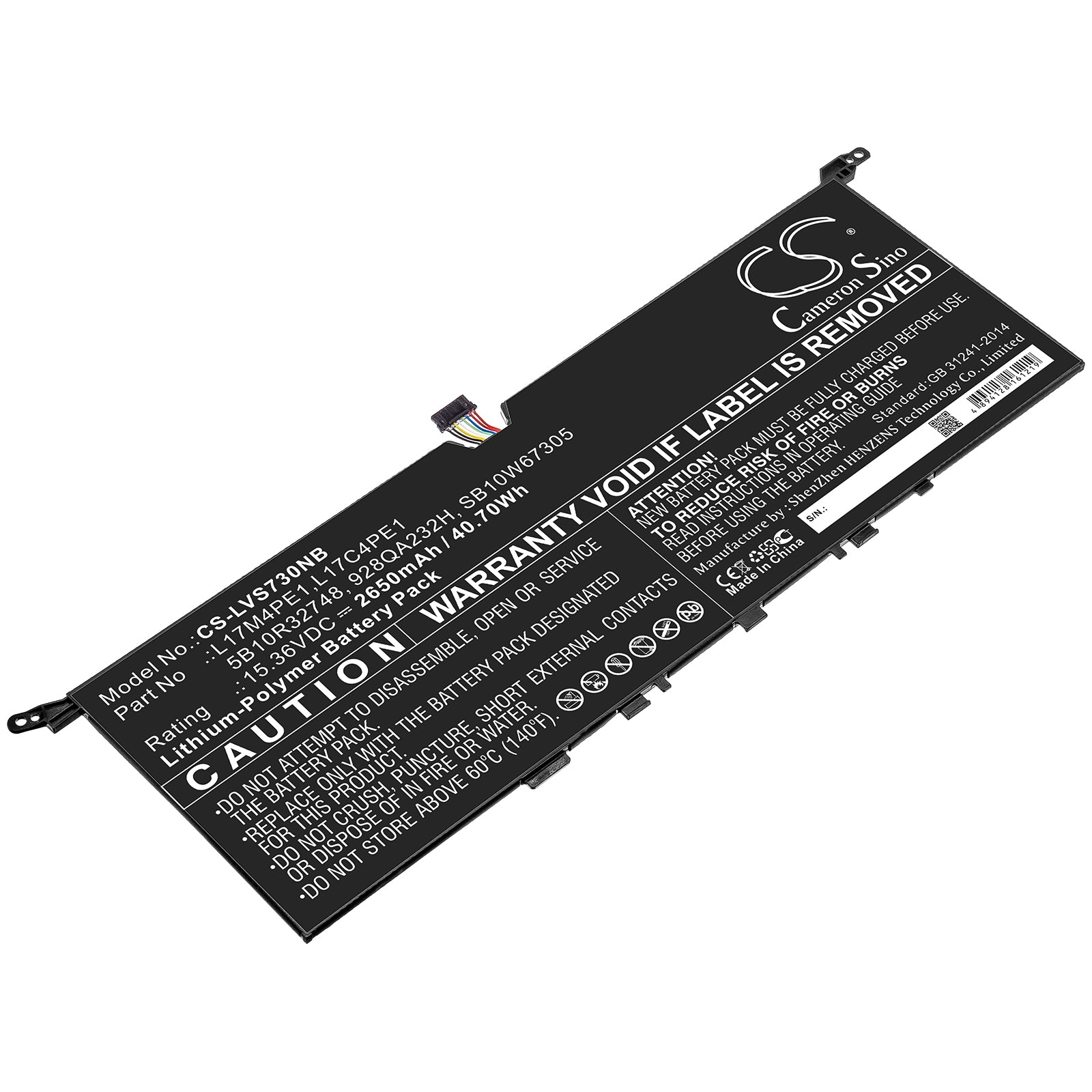 Li-Polymer Battery fits Lenovo, 5b10r32748, 928qa232h, L17c4pe1, L17m4pe1, Sb10w67305 15.36V, 2650mAh Notebook & Laptop Cameron Sino Technology Limited