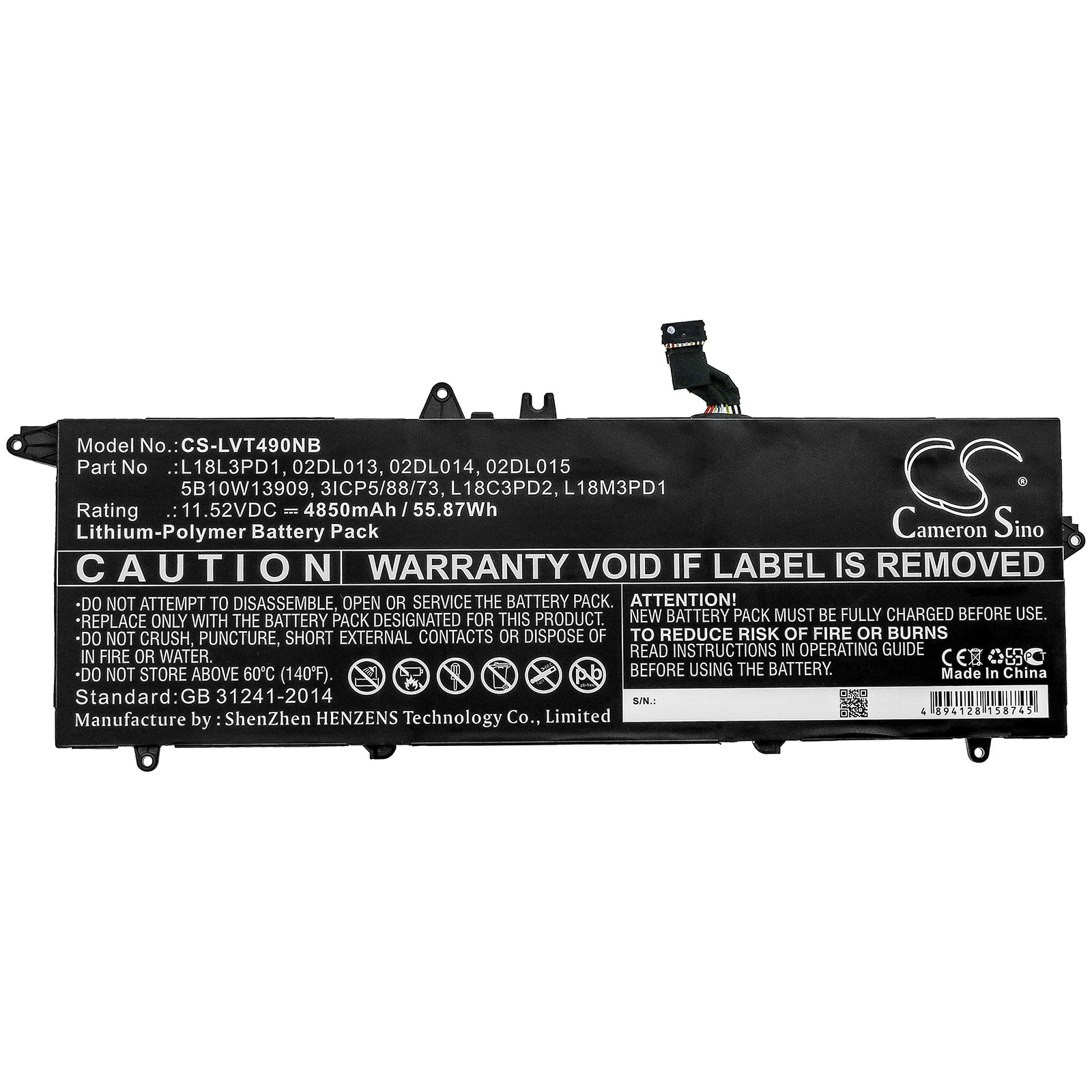Li-Polymer Battery fits Lenovo, 02dl013, 02dl014, 02dl015, 3icp5/88/73, 5b10w13909, 5b10w13910, 5b10w13911, 5b10w13955, L18c3pd2 Notebook & Laptop Cameron Sino Technology Limited