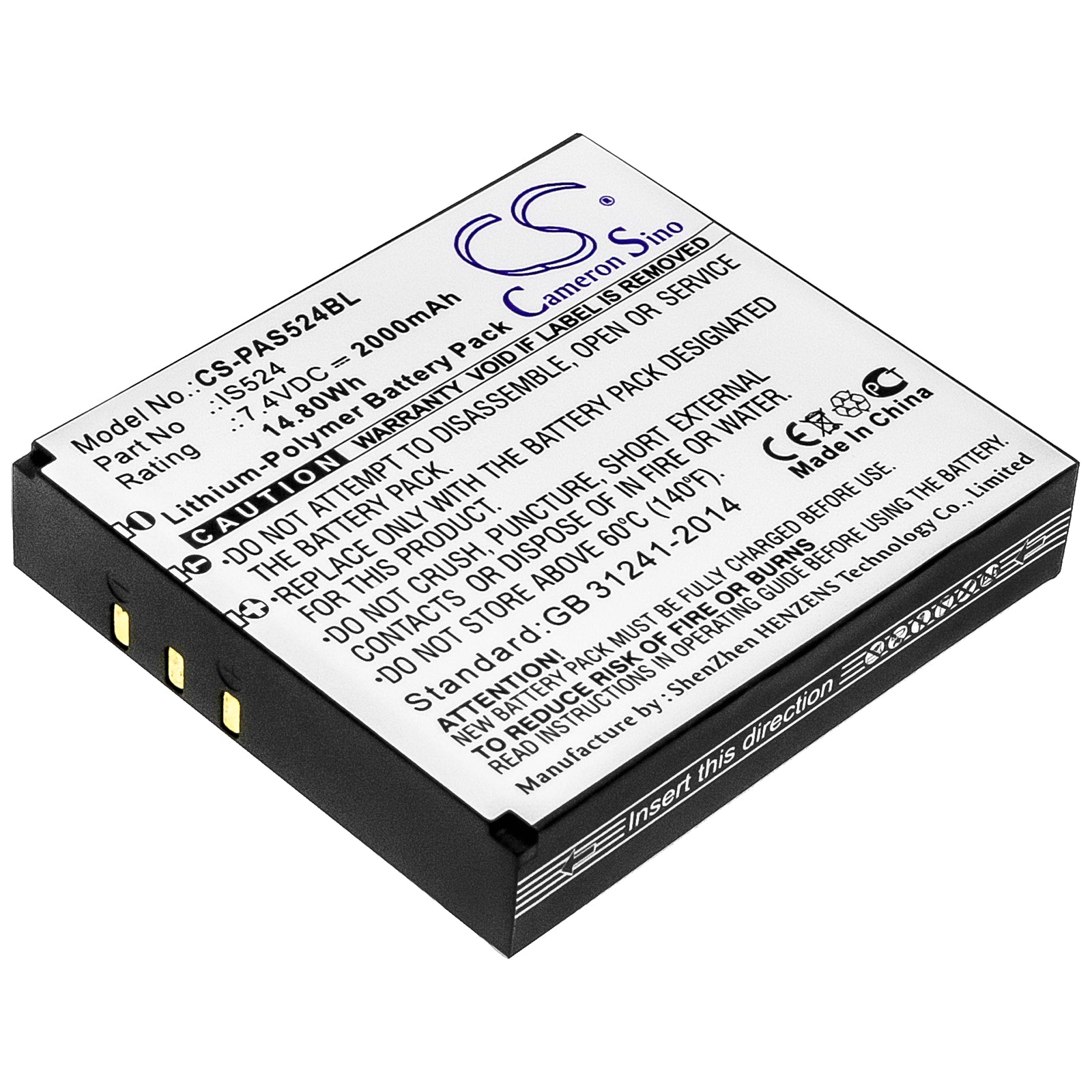 Li-Polymer Battery fits Pax, Is524 7.4V, 2000mAh Payment Terminal Cameron Sino Technology Limited