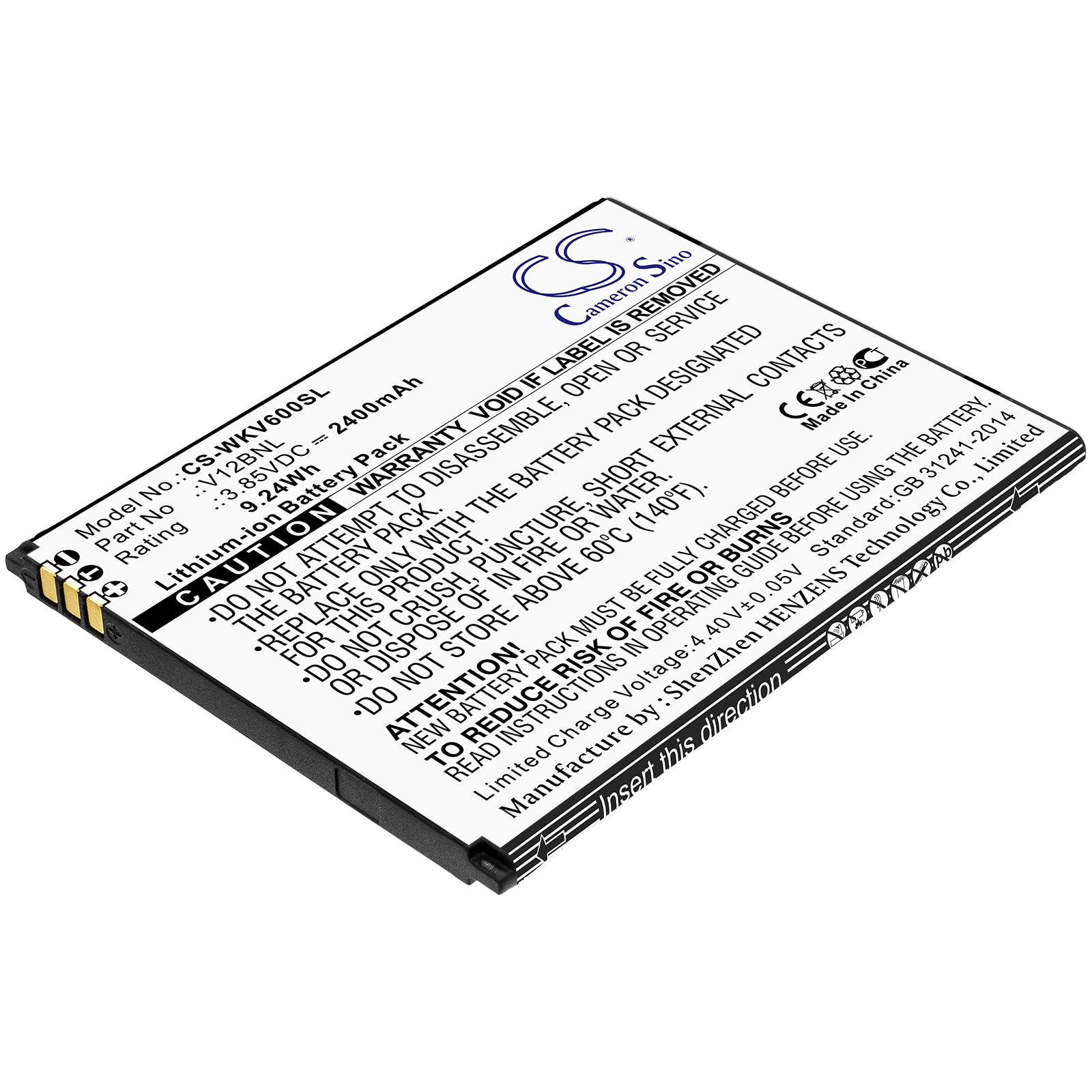 Li-ion Battery fits Wiko, V12bnl 3.85V, 2400mAh Mobile & SmartPhone Cameron Sino Technology Limited