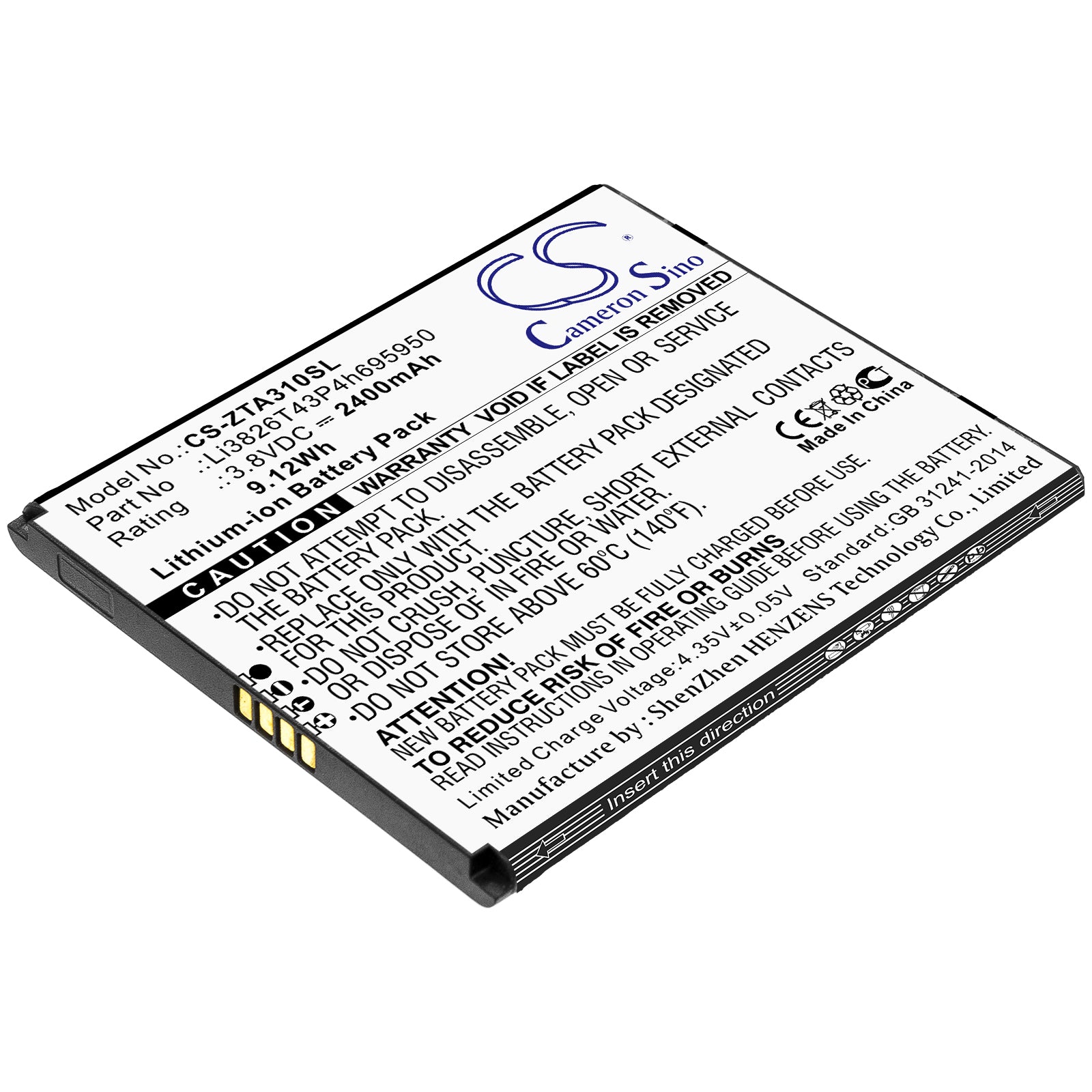 Li-ion Battery fits Zte, Li3826t43p4h695950 3.8V, 2400mAh Mobile & SmartPhone Cameron Sino Technology Limited