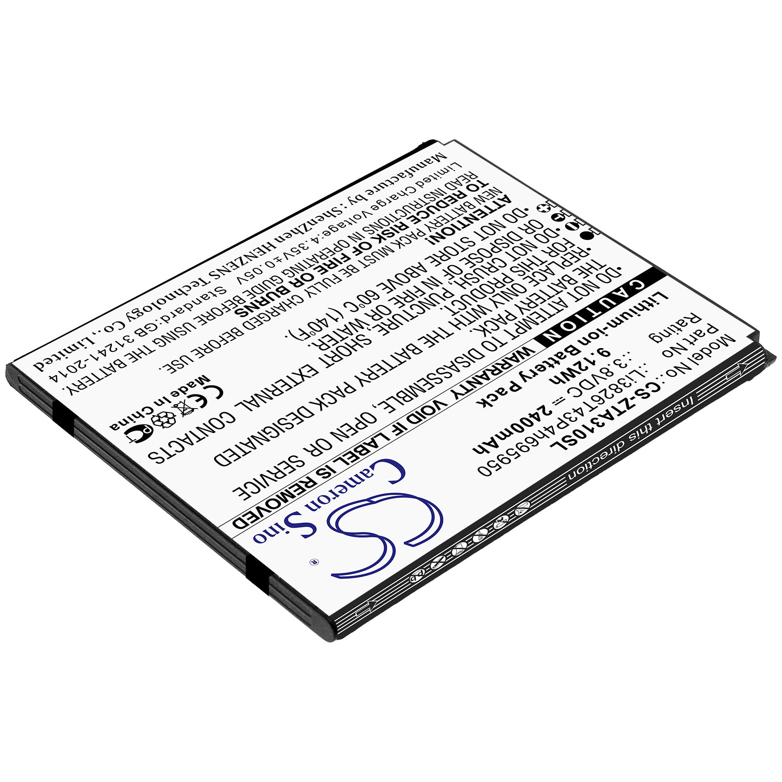 Li-ion Battery fits Zte, Li3826t43p4h695950 3.8V, 2400mAh Mobile & SmartPhone Cameron Sino Technology Limited