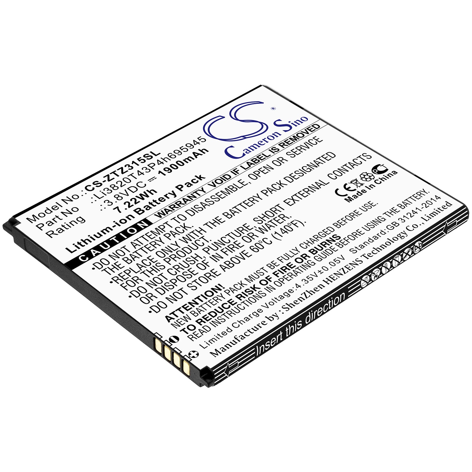 Li-ion Battery fits Zte, Li3820t43p4h695945 3.8V, 1900mAh Mobile & SmartPhone Cameron Sino Technology Limited