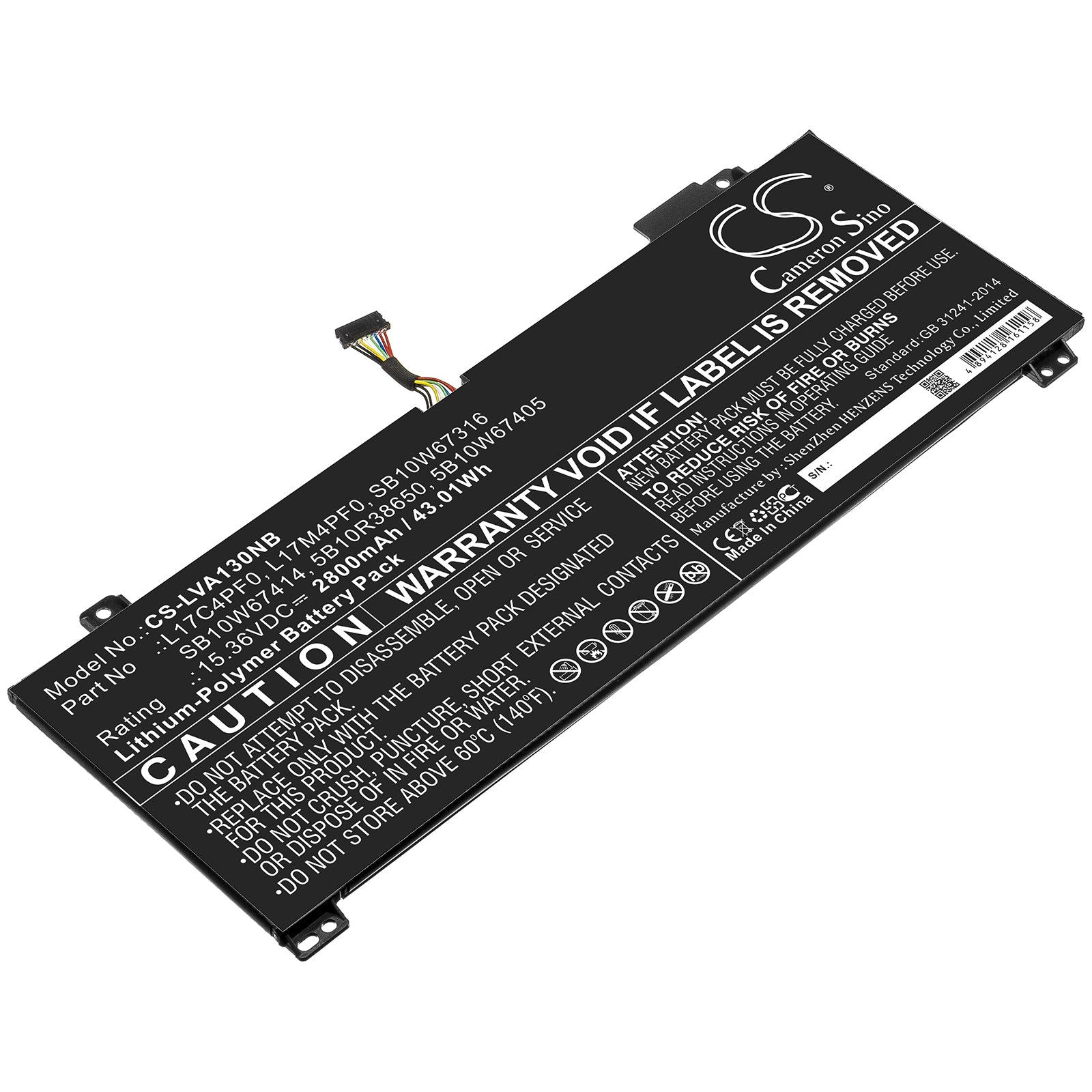 Li-ion Battery fits Lenovo, 5b10r38650, 5b10w67405, L17c4pf0, L17m4pf0, Sb10w67316, Sb10w67414 15.36V, 2800mAh Notebook & Laptop Cameron Sino Technology Limited