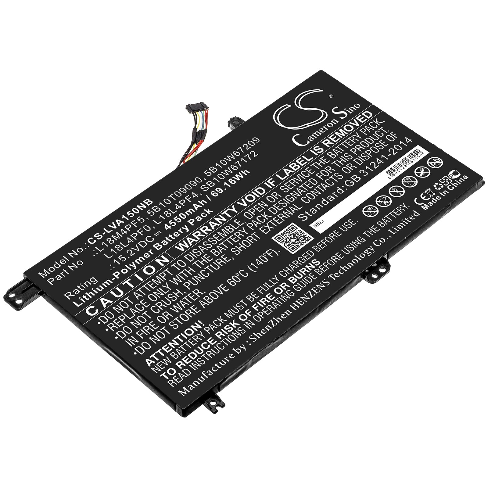Li-ion Battery fits Lenovo, 5b10t09090, 5b10w67209, L18l4pf0, L18l4pf4, L18m4pf5, Sb10w67172 15.2V, 4550mAh Notebook & Laptop Cameron Sino Technology Limited