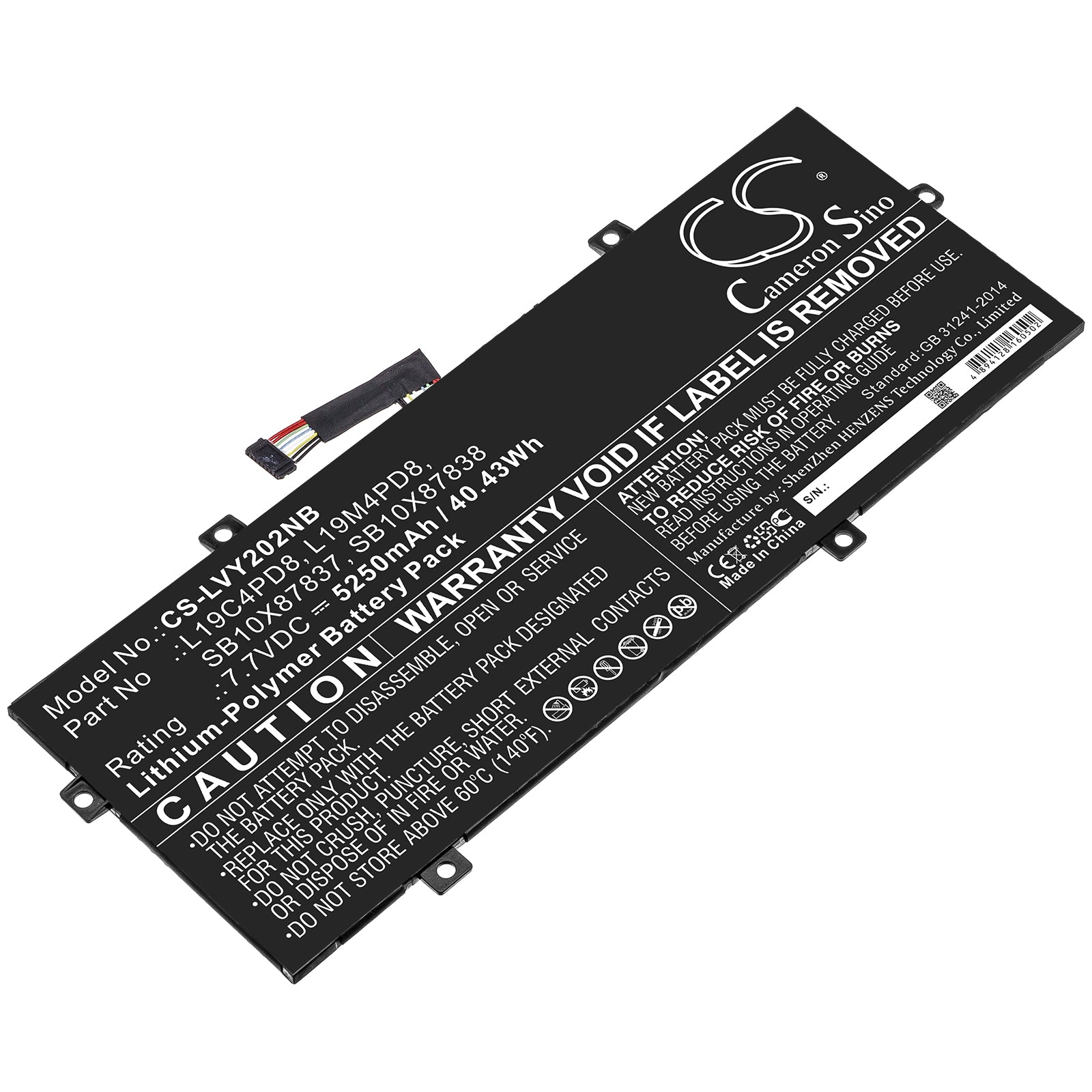 Li-ion Battery fits Lenovo, L19c4pd8, L19m4pd8, Sb10x87837, Sb10x87838 7.7V, 5250mAh Notebook & Laptop Cameron Sino Technology Limited