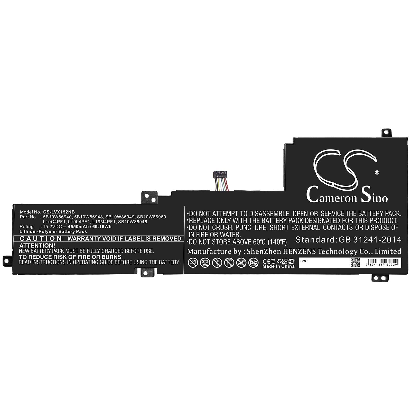 Li-ion Battery fits Lenovo, 5b10w86940, 5b10w86948, L19c4pf1, L19l4pf1, L19m4pf1, Sb10w86946, Sb10w86949, Sb10w86960 15.2V, 4550 Notebook & Laptop Cameron Sino Technology Limited