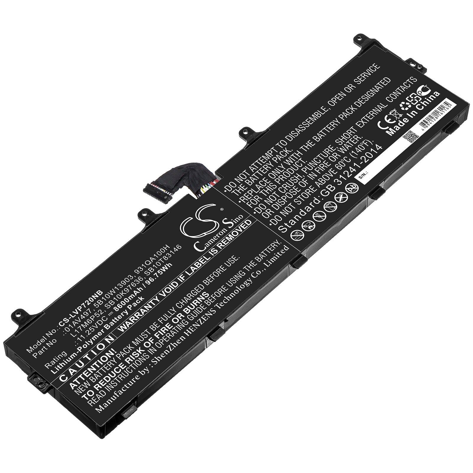 Li-ion Battery fits Lenovo, 01av497, 5b10w13903, 931qa100h, L17m6p52, Sb10k97636, Sb10t83146 11.25V, 8600mAh Notebook & Laptop Cameron Sino Technology Limited
