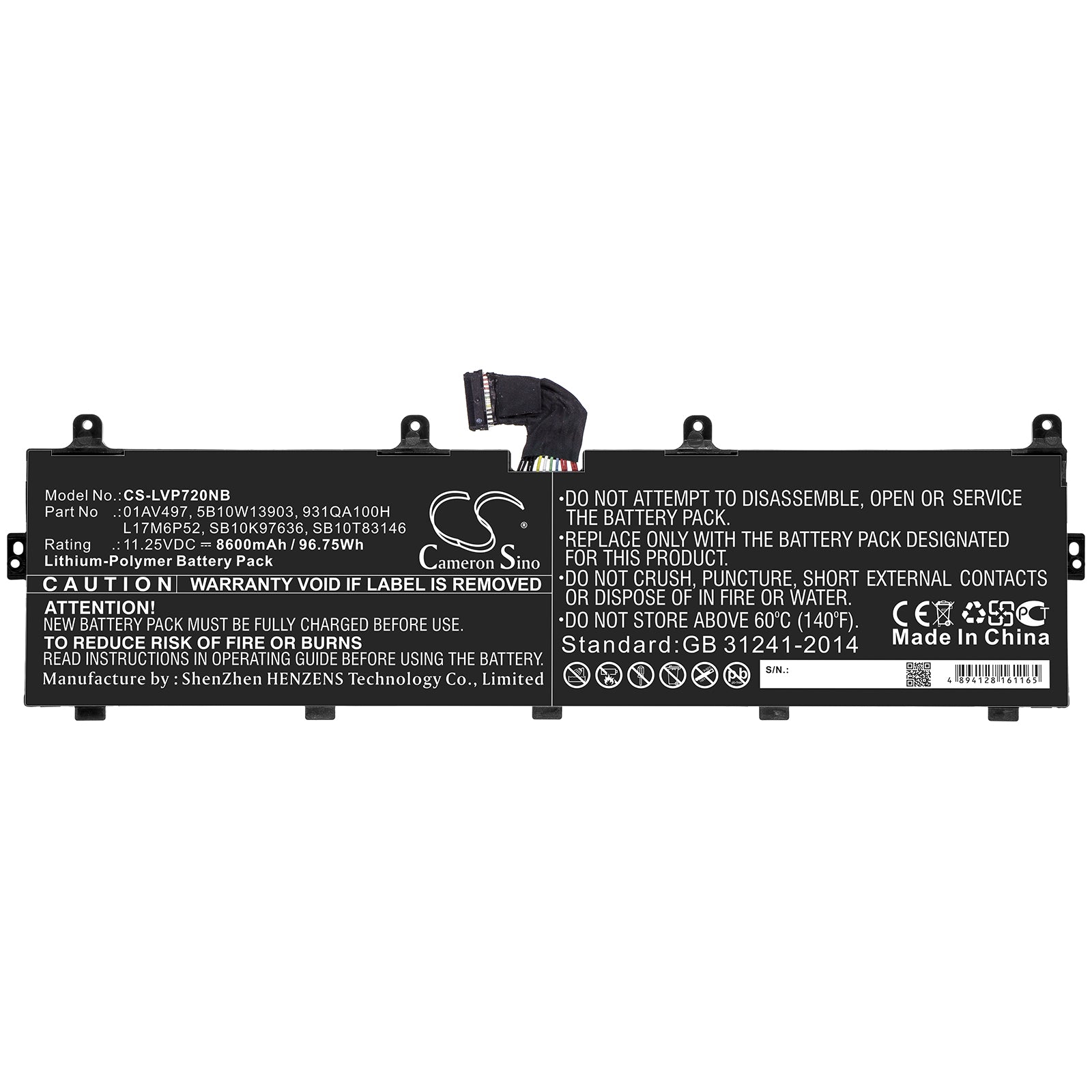 Li-ion Battery fits Lenovo, 01av497, 5b10w13903, 931qa100h, L17m6p52, Sb10k97636, Sb10t83146 11.25V, 8600mAh Notebook & Laptop Cameron Sino Technology Limited