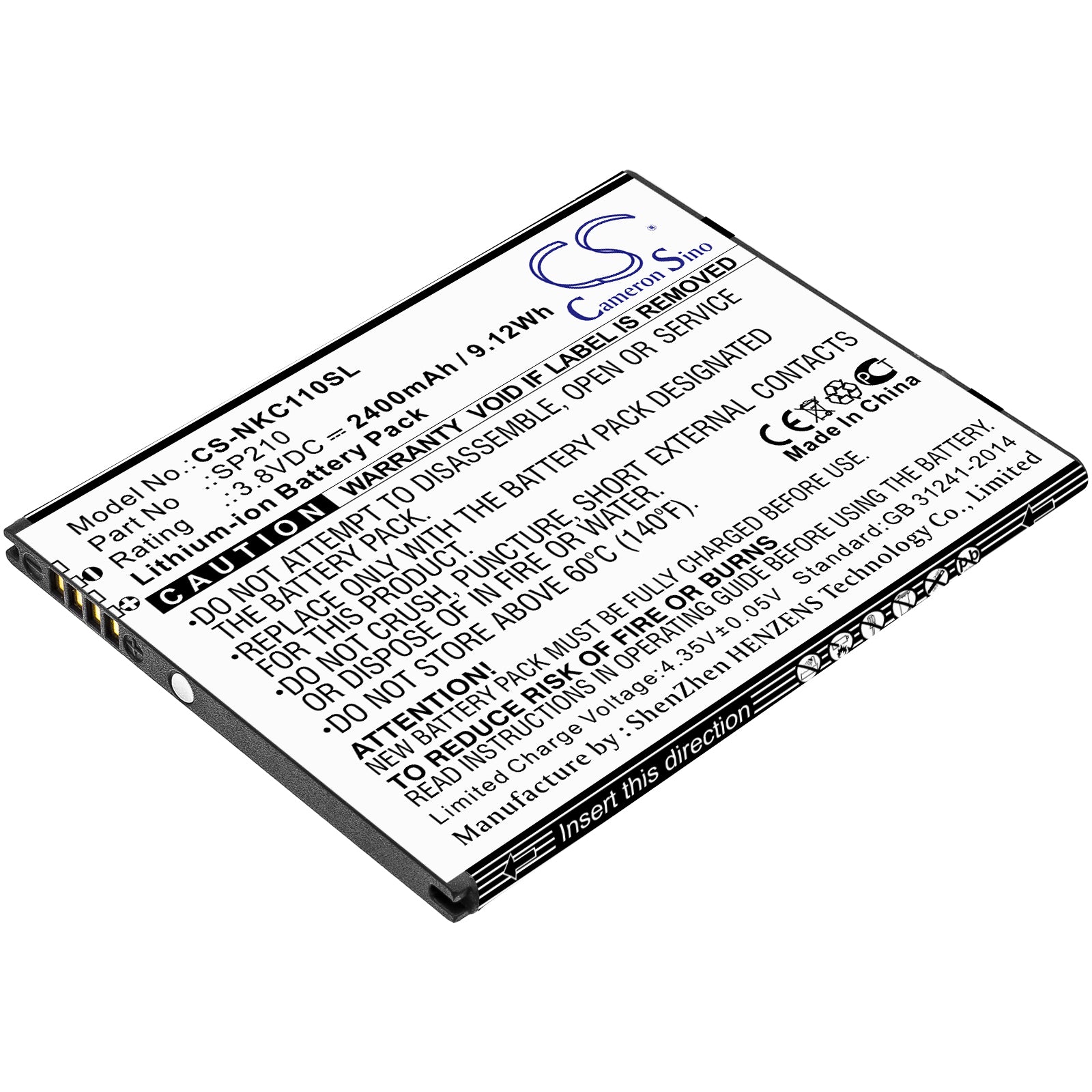 Li-ion Battery fits Nokia, C1 Plus 3.8V, 2400mAh Mobile & SmartPhone Cameron Sino Technology Limited