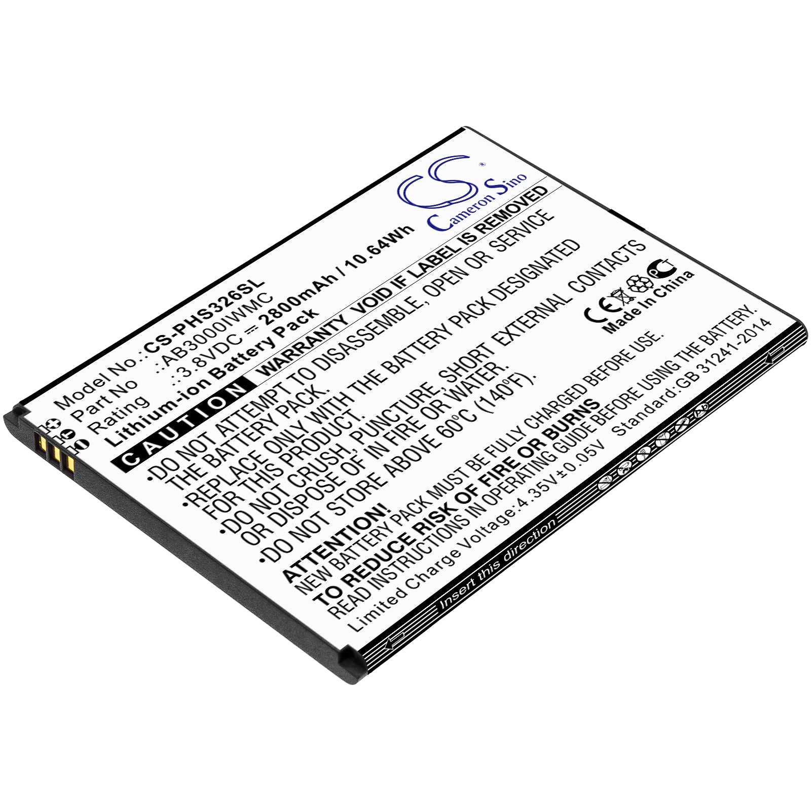 Li-ion Battery fits Philips, Cts326, Xenium S326 3.8V, 2800mAh Mobile & SmartPhone Cameron Sino Technology Limited