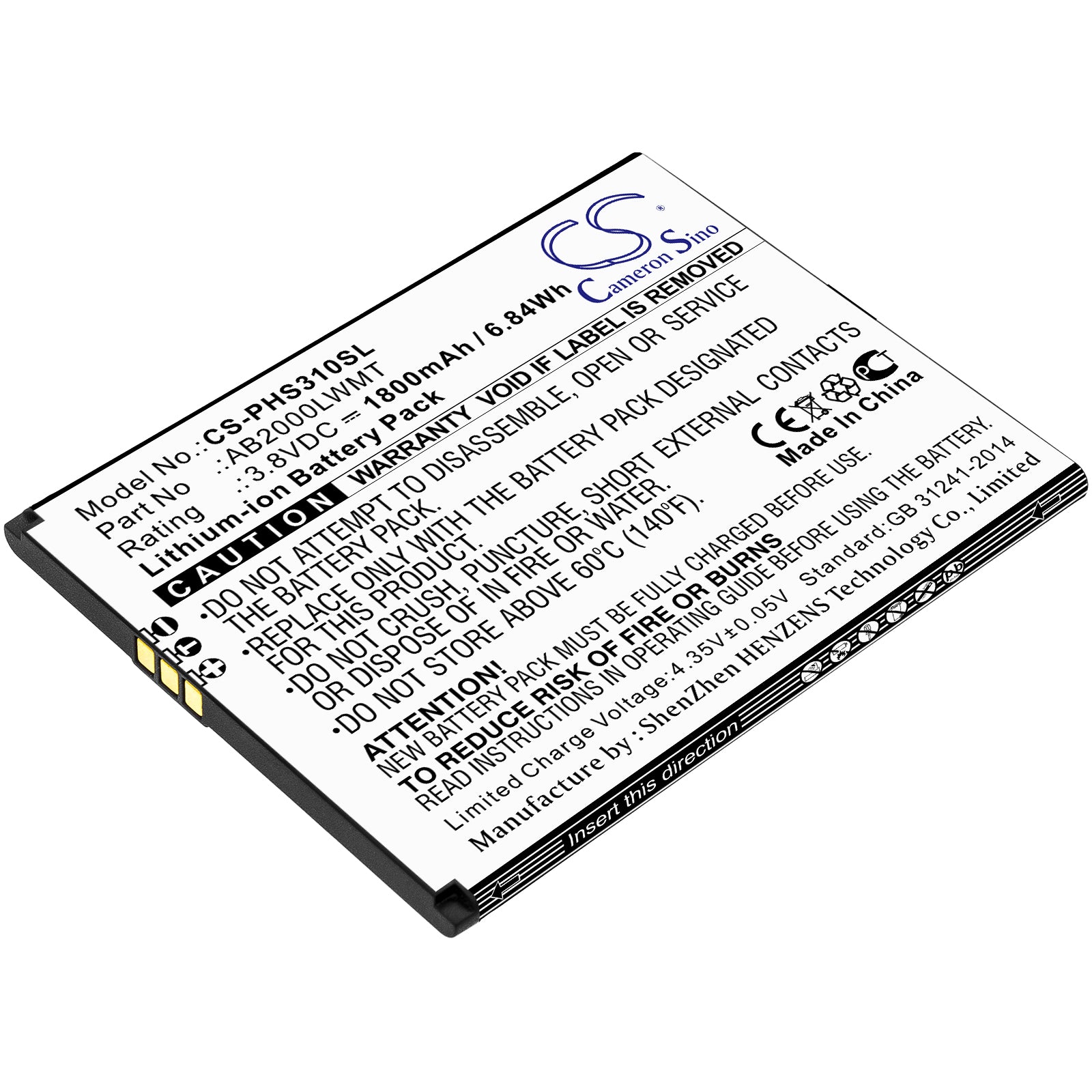 Li-ion Battery fits Philips, Xenium Cts310x, Xenium S310x 3.8V, 1800mAh Mobile & SmartPhone Cameron Sino Technology Limited