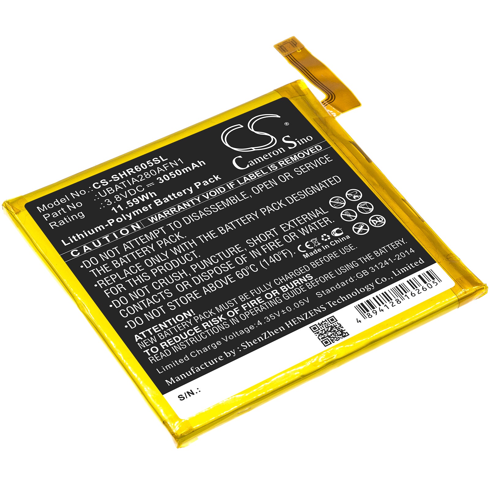 Li-Polymer Battery fits Sharp, 605sh, Aquos R 3.8V, 3050mAh Mobile & SmartPhone Cameron Sino Technology Limited