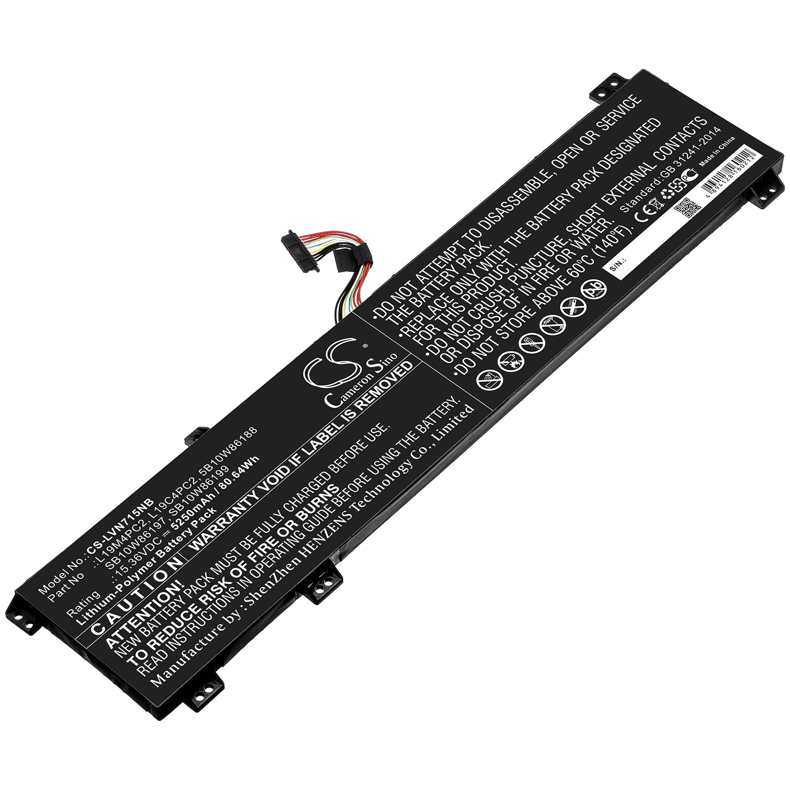 Li-ion Battery fits Lenovo, 5b10w86188, L19c4pc2, L19m4pc2, Sb10w86197, Sb10w86199 15.36V, 5250mAh Notebook & Laptop Cameron Sino Technology Limited