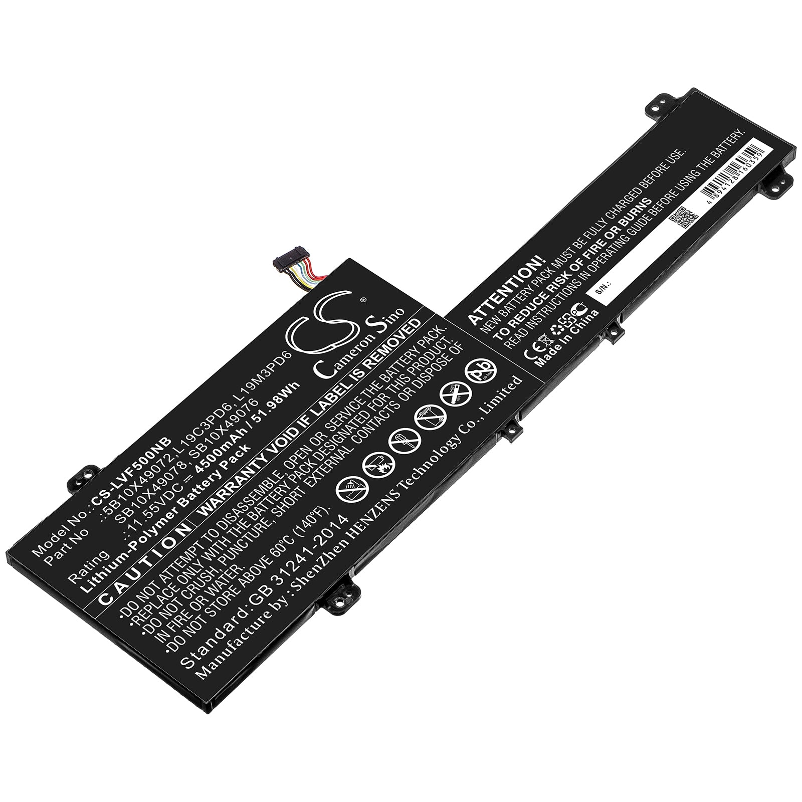 Li-ion Battery fits Lenovo, 5b10x49072, L19c3pd6, L19m3pd6, Sb10x49076, Sb10x49078 11.55V, 4500mAh Notebook & Laptop Cameron Sino Technology Limited