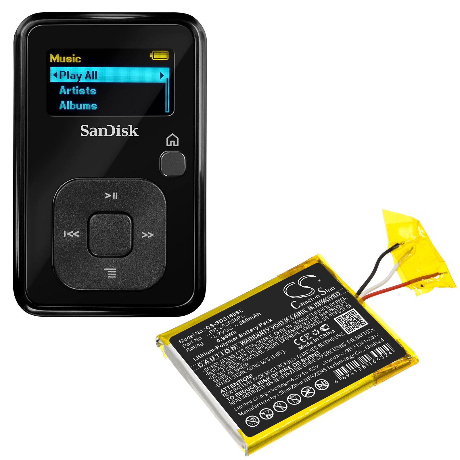 Li-Polymer Battery fits Sandisk, Clip Plus, Sansa Clip Zip 3.7V, 260mAh Media Player Cameron Sino Technology Limited
