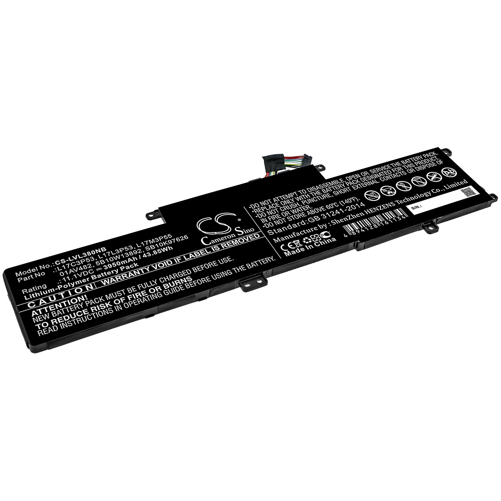 Li-ion Battery fits Lenovo, 01av482, 5b10w13892, L17m3p55, Sb10k97626, Sb10t83135 11.1V, 3950mAh Notebook & Laptop Cameron Sino Technology Limited