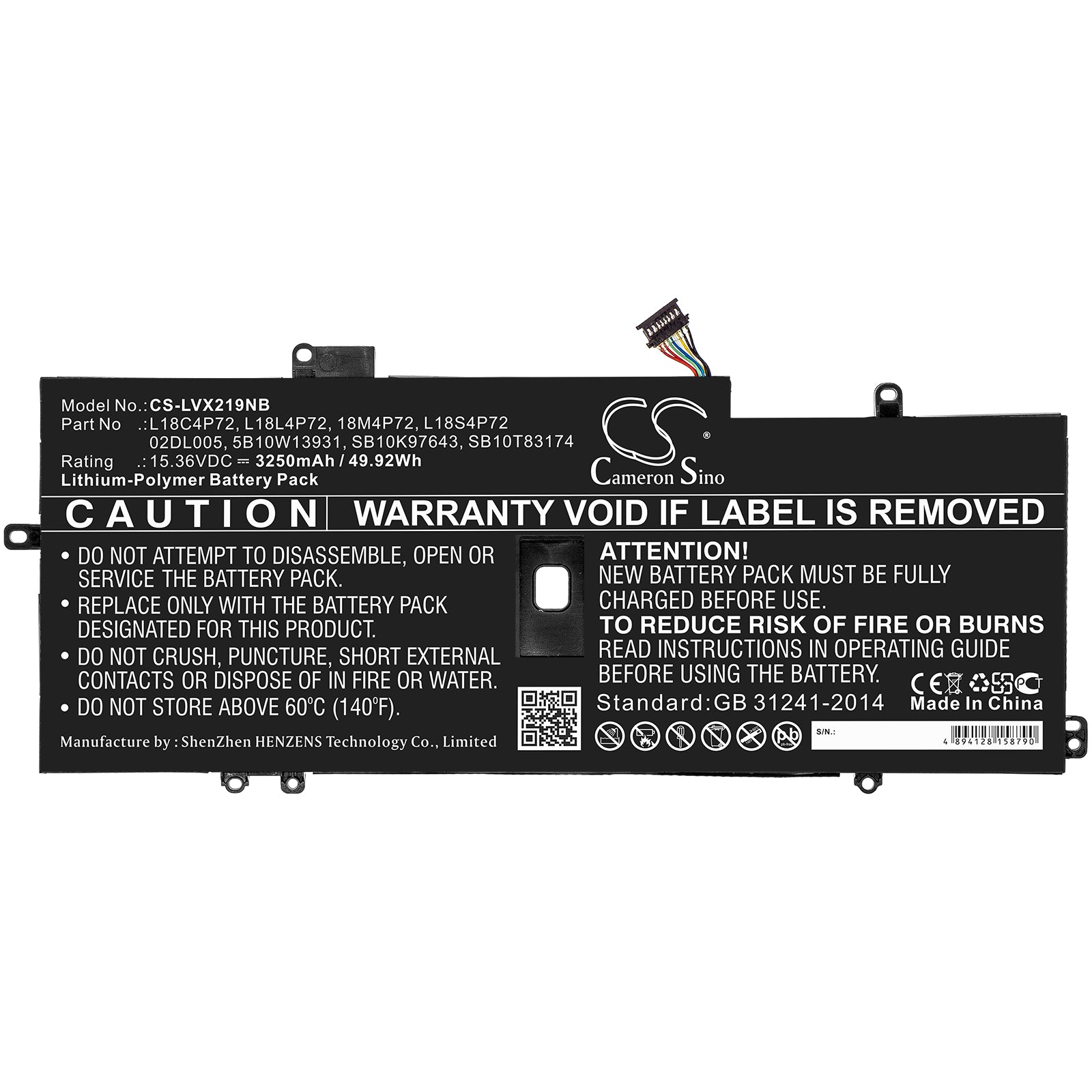 Li-ion Battery fits Lenovo, 02dl005, 5b10w13931, L18l4p72, L18m4p72, L18s4p72, Sb10k97643, Sb10t83174 11.36V, 3250mAh Notebook & Laptop Cameron Sino Technology Limited