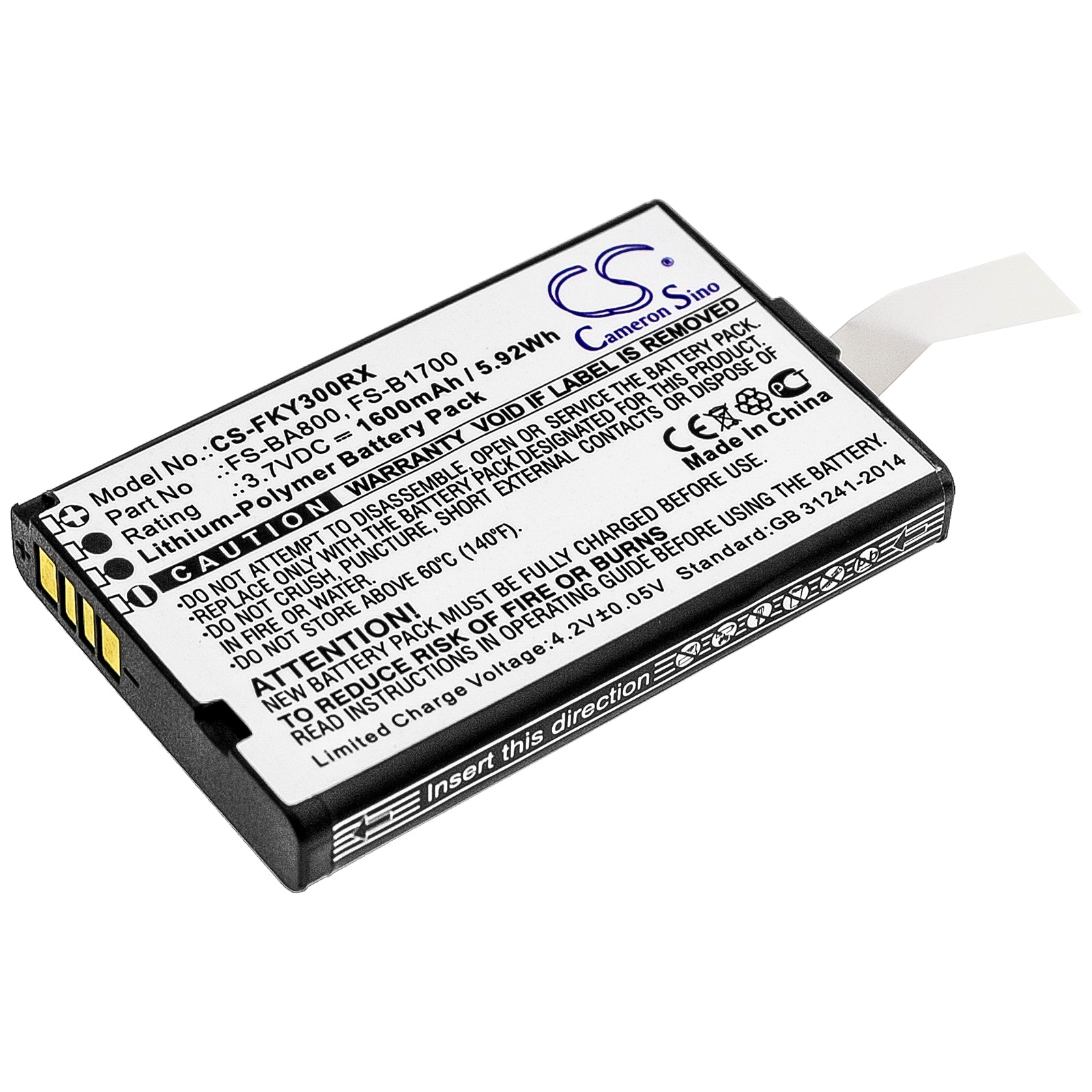 Li-Polymer Battery fits Flysky, Fa605, Fs-gt2b, Fs-gt3b 3.7V, 1600mAh Remote Controller Cameron Sino Technology Limited