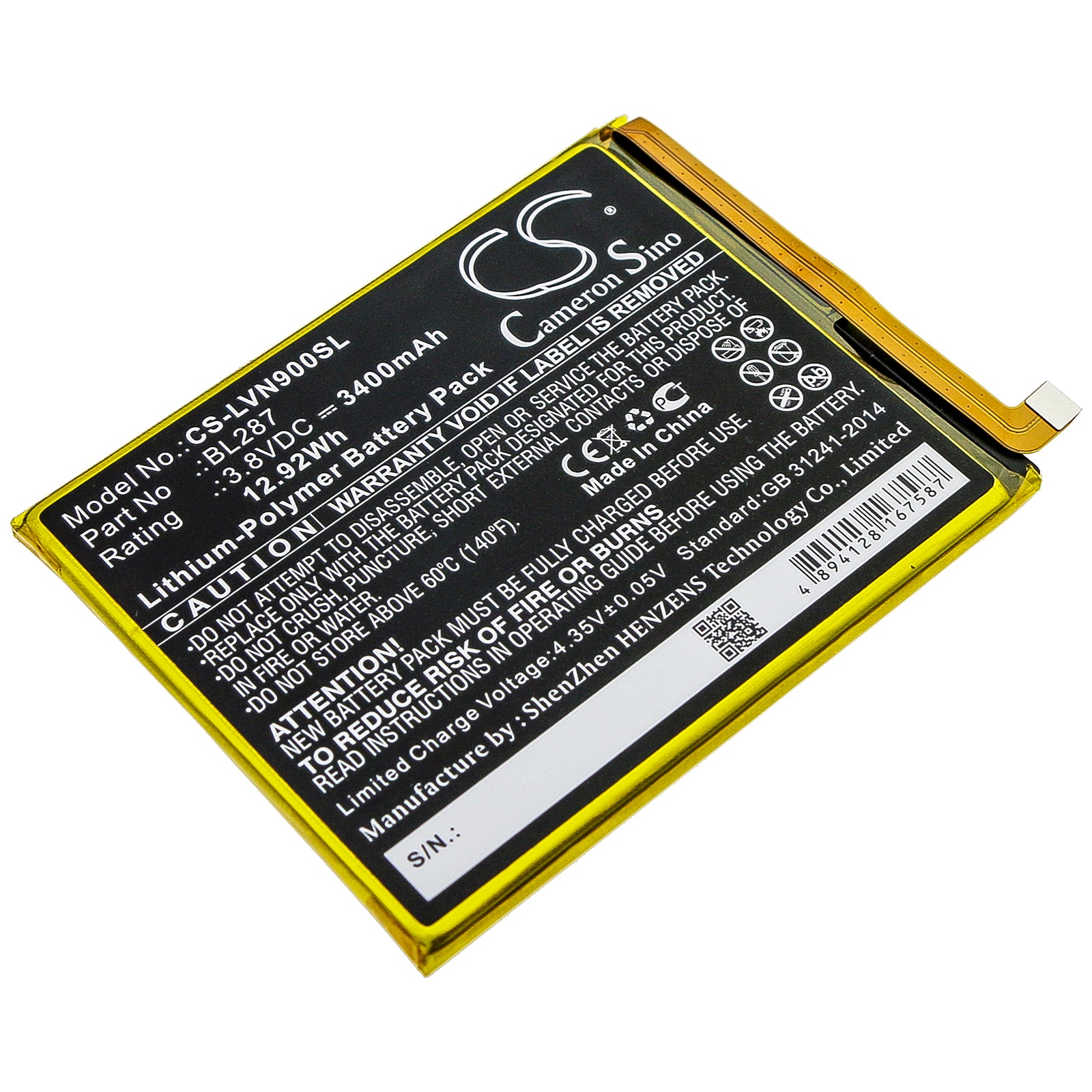 Li-Polymer Battery fits Lenovo, K9 Note 3.8V, 3400mAh Mobile & SmartPhone Cameron Sino Technology Limited