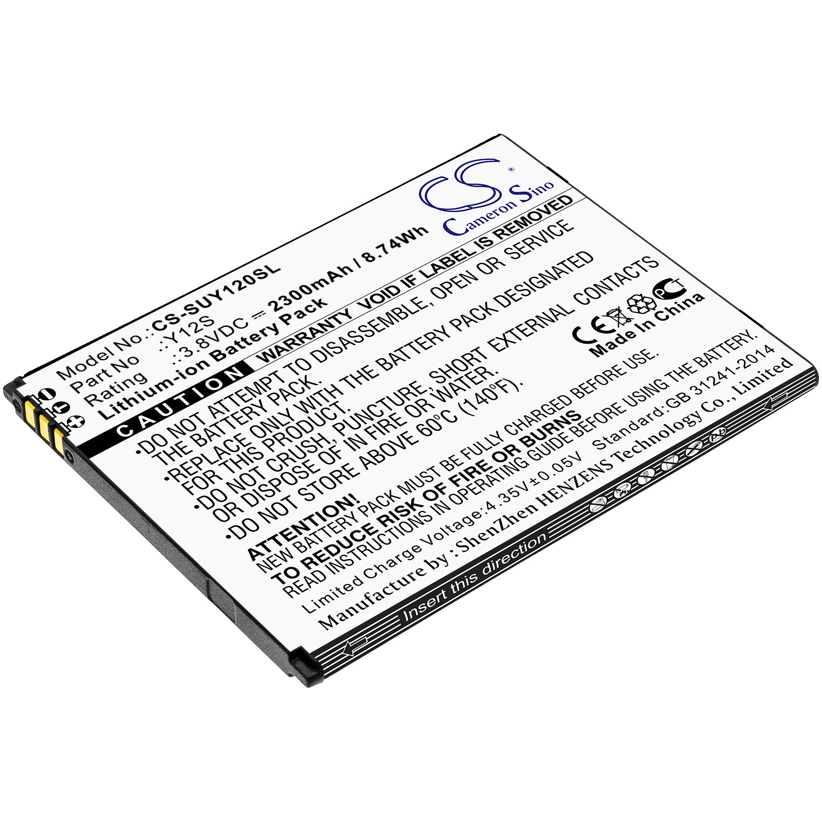 Li-ion Battery fits Sugar, Y12s 3.8V, 2300mAh Mobile & SmartPhone Cameron Sino Technology Limited
