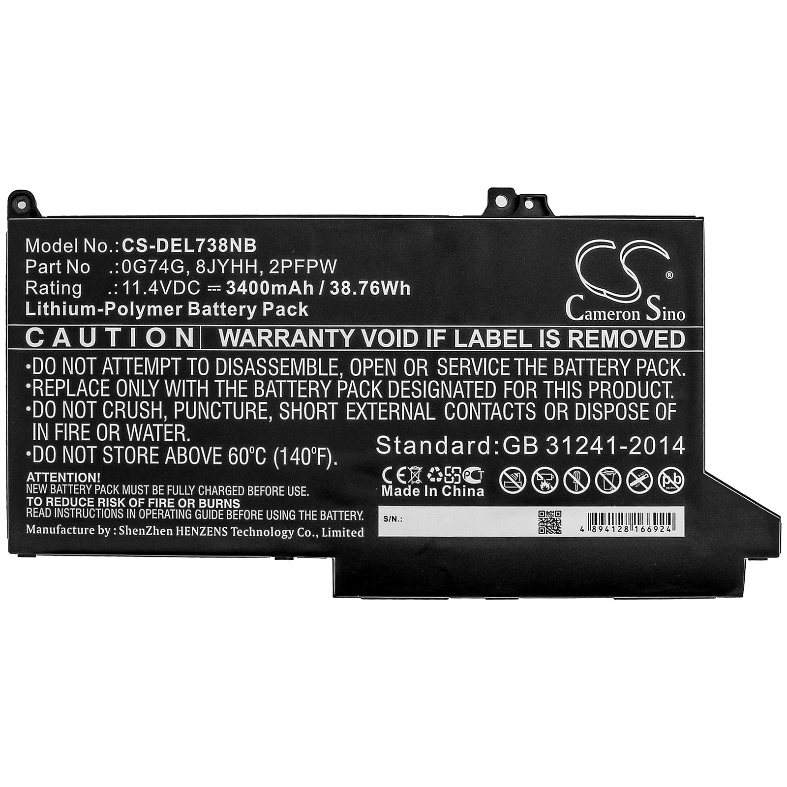 Li-Polymer Battery fits Dell, Latitude 12 5300, Latitude 12 7280, Latitude 12 7300 11.4V, 3400mAh Notebook & Laptop Cameron Sino Technology Limited