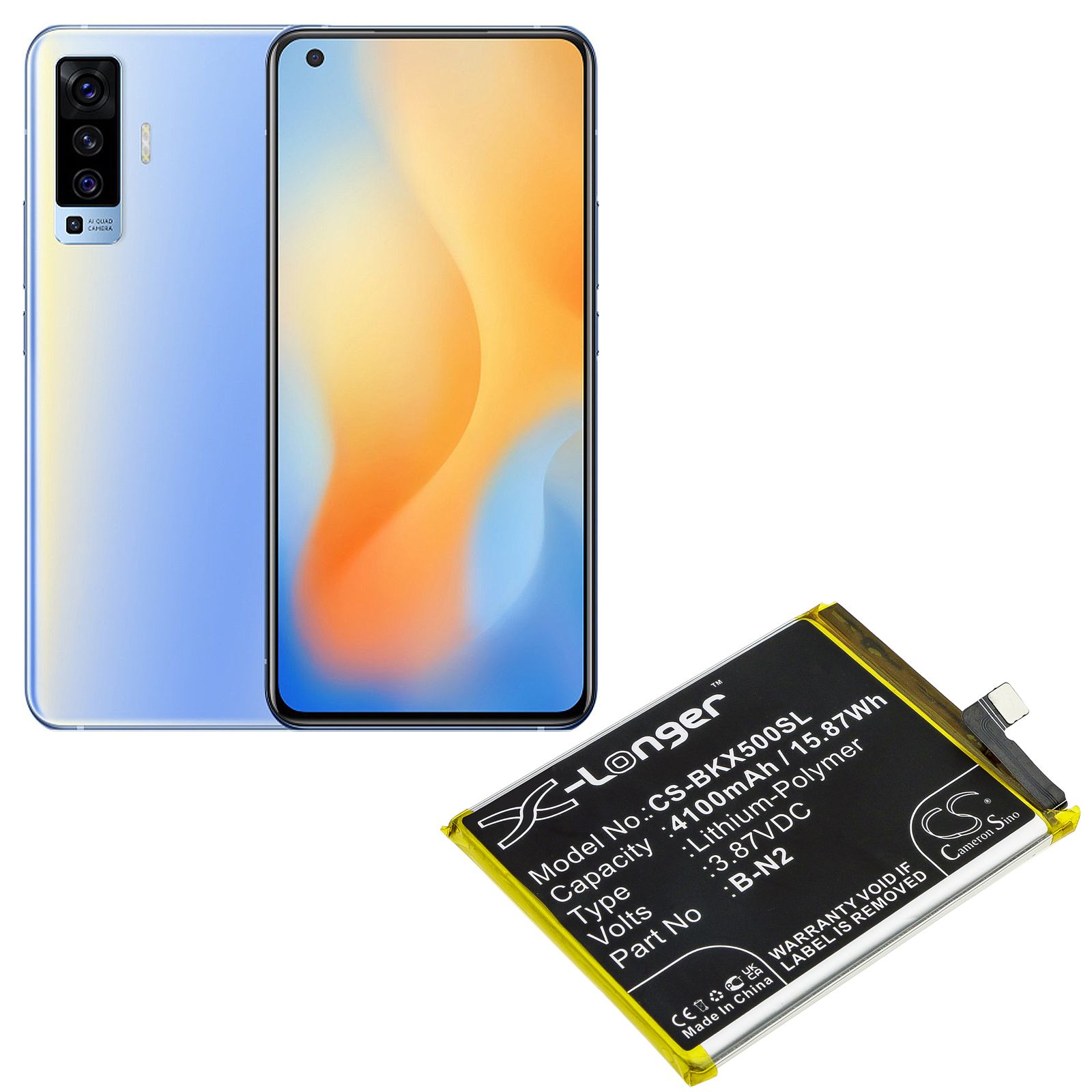 Li-Polymer Battery fits Vivo, V2001, V2001a, X50 3.87V, 4100mAh Mobile & SmartPhone Cameron Sino Technology Limited