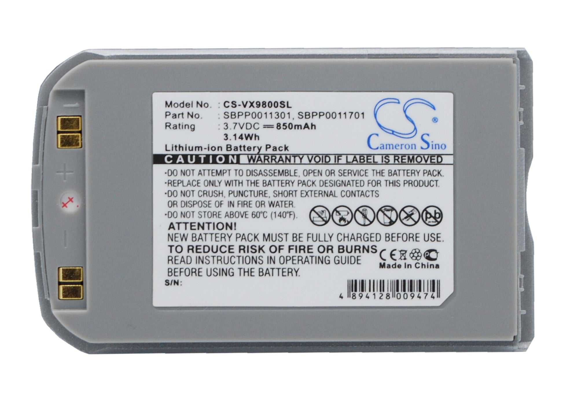 Li-ion Battery fits Lg, V, Vx9800, Vx-9800 3.7V, 850mAh Mobile & SmartPhone Cameron Sino Technology Limited