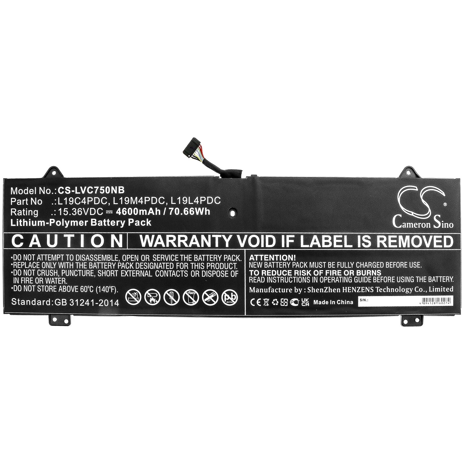 Li-ion Battery fits Lenovo, L19c4pdc 15.36V, 4600mAh Notebook & Laptop Cameron Sino Technology Limited