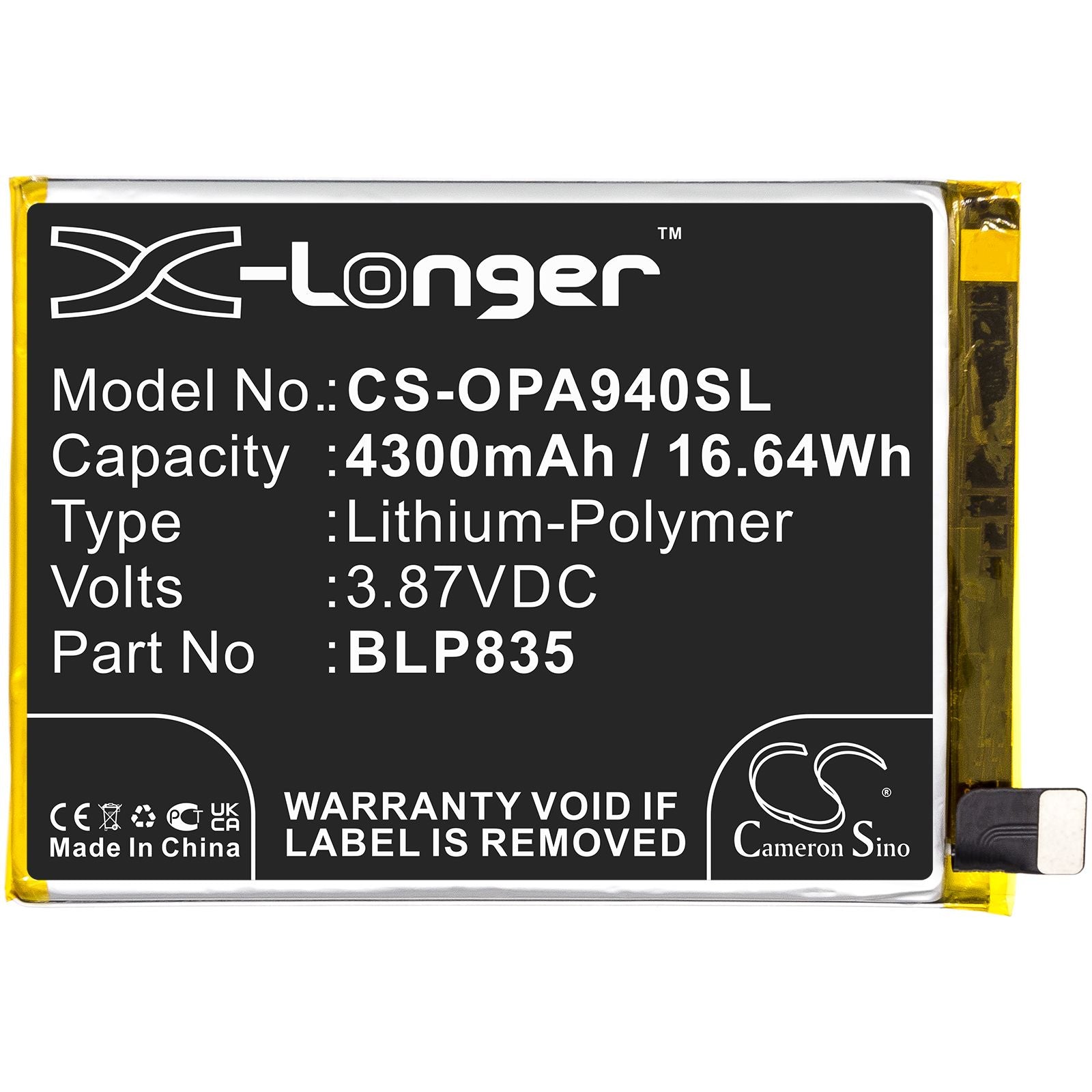 Li-Polymer Battery fits Oppo, A94, A94 2021, Cph2203 3.87V, 4300mAh Mobile & SmartPhone Cameron Sino Technology Limited
