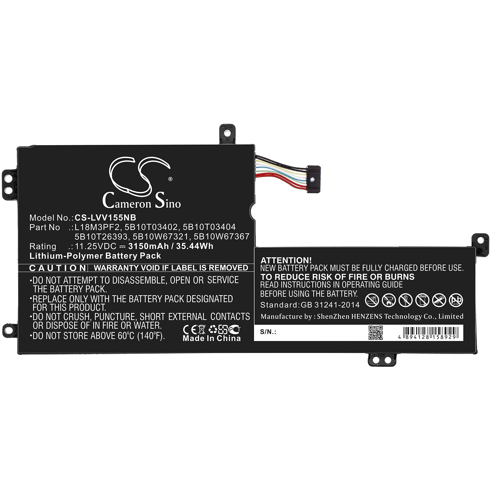 Li-Polymer Battery fits Lenovo, 5b10t03402, 5b10t03404, 5b10t26393, 5b10w67321, 5b10w67367, L18m3pf2, Sb10w67268, Sb10w67372 11. Notebook & Laptop Cameron Sino Technology Limited