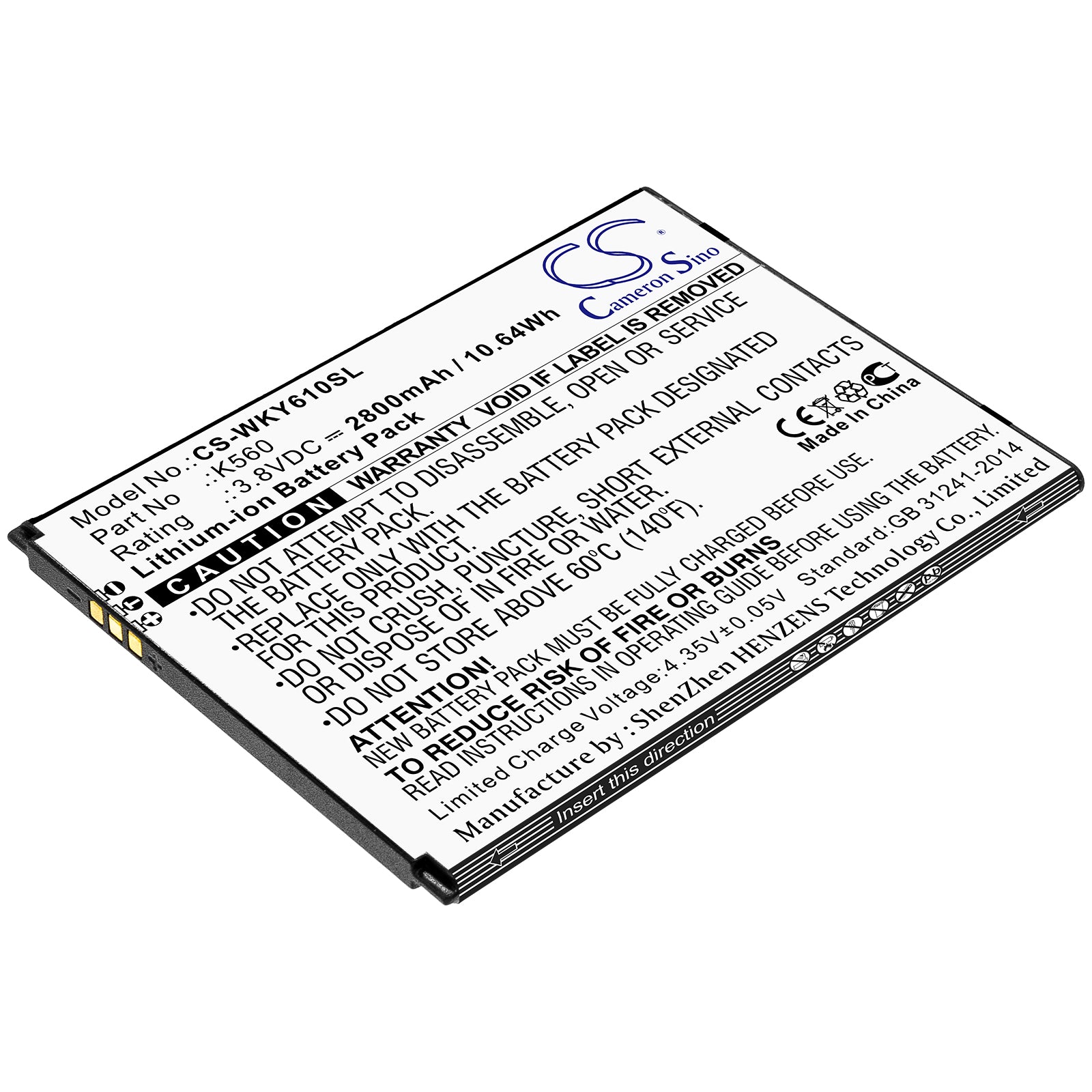 Li-ion Battery fits Wiko, K560 3.8V, 2800mAh Mobile & SmartPhone Cameron Sino Technology Limited