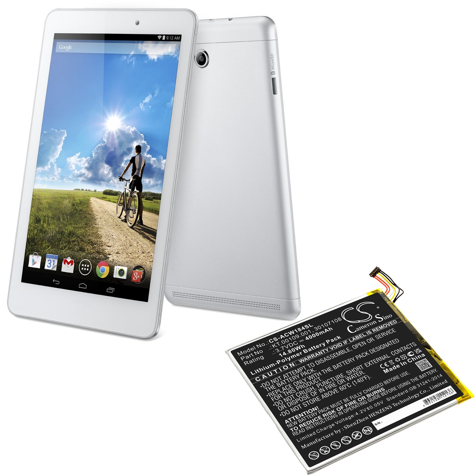 Li-Polymer Battery fits Acer, A1-840-131u, A1-840-16pt, A1-840fhd-10g2 3.7V, 4000mAh Tablet Cameron Sino Technology Limited