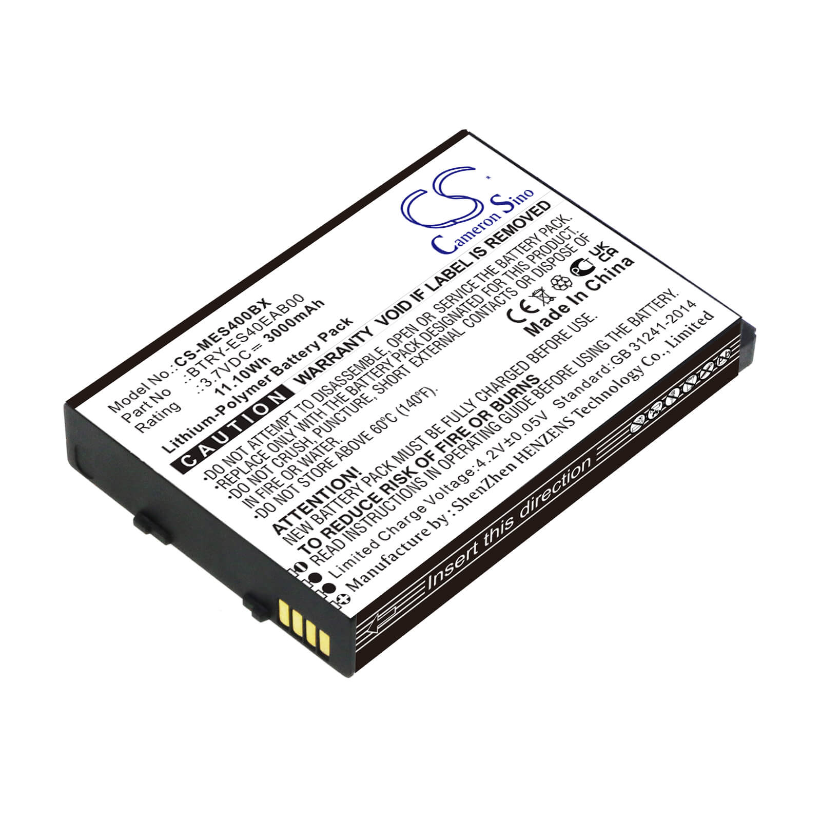 Li-Polymer Battery fits Symbol, Es400, Es405 3.7V, 3000mAh / 11.10Wh Barcode Scanner Cameron Sino Technology Limited
