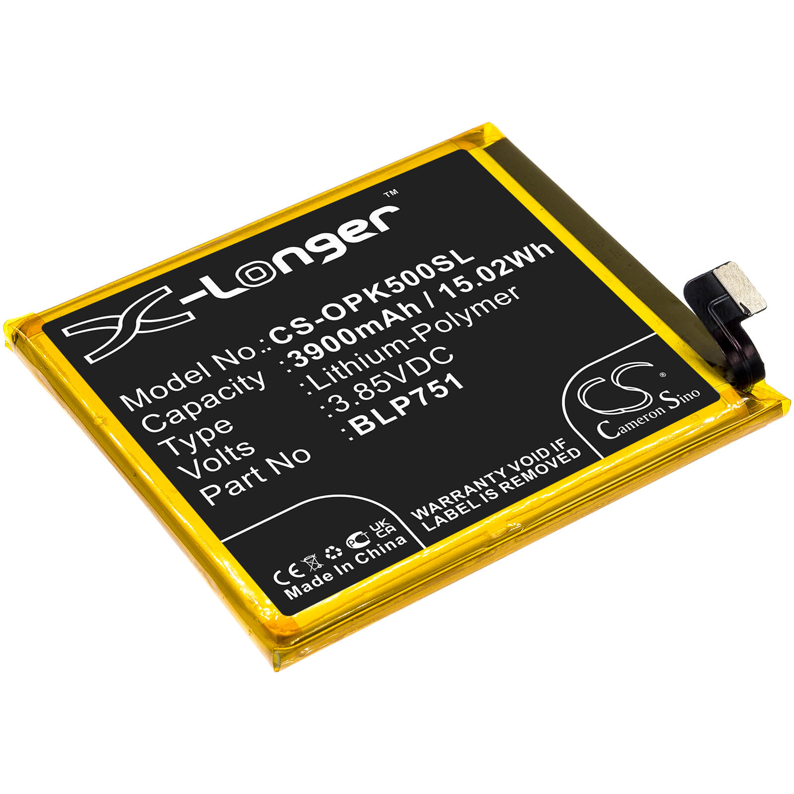 Li-Polymer Battery fits Oppo, K5, Pcnm00 3.85V, 3900mAh / 15.02Wh Mobile & SmartPhone Cameron Sino Technology Limited